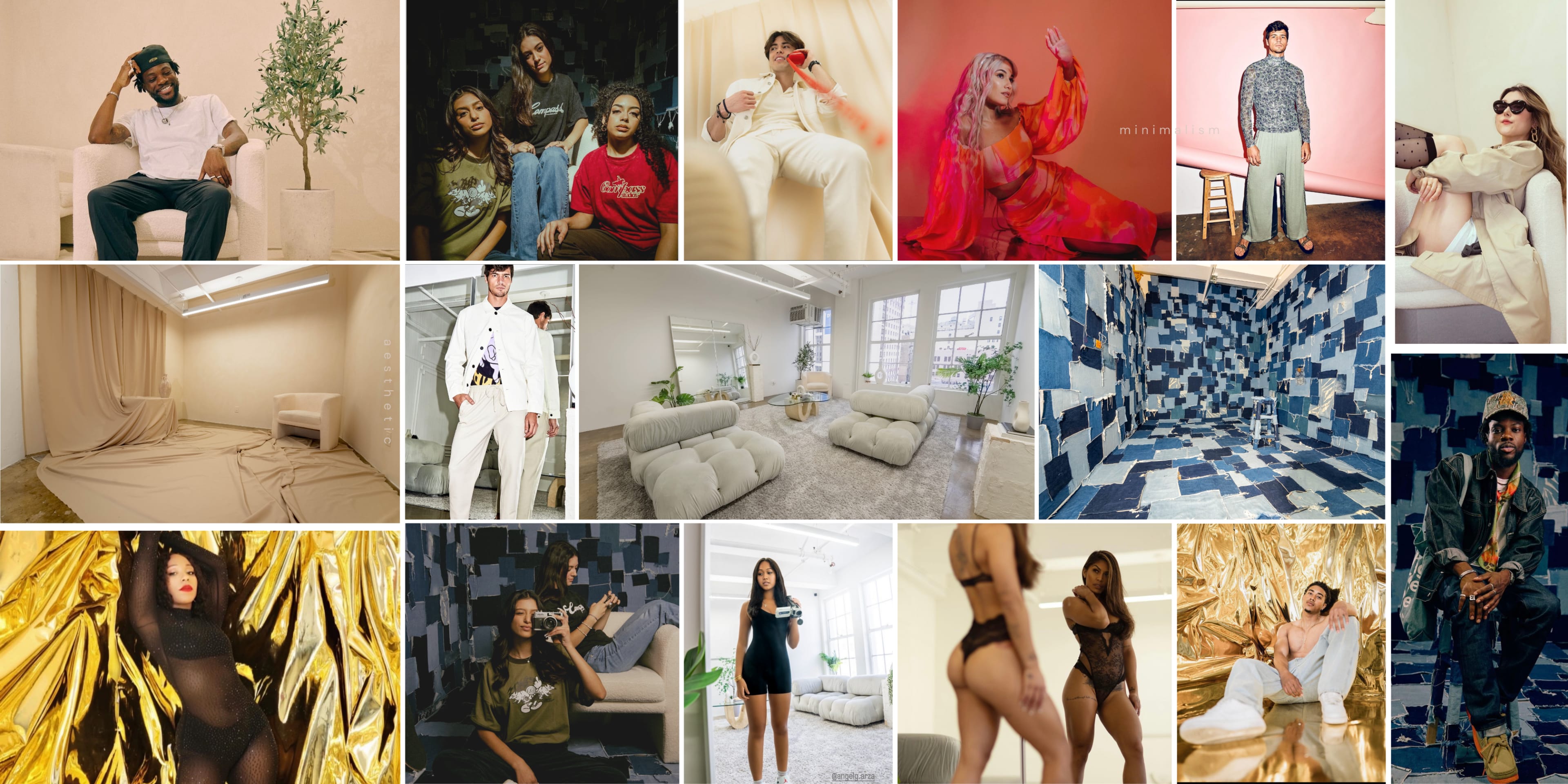 The collage features various people posing in diverse settings, including stylish interiors and themed backdrops, showcasing contemporary fashion and artistic expressions.