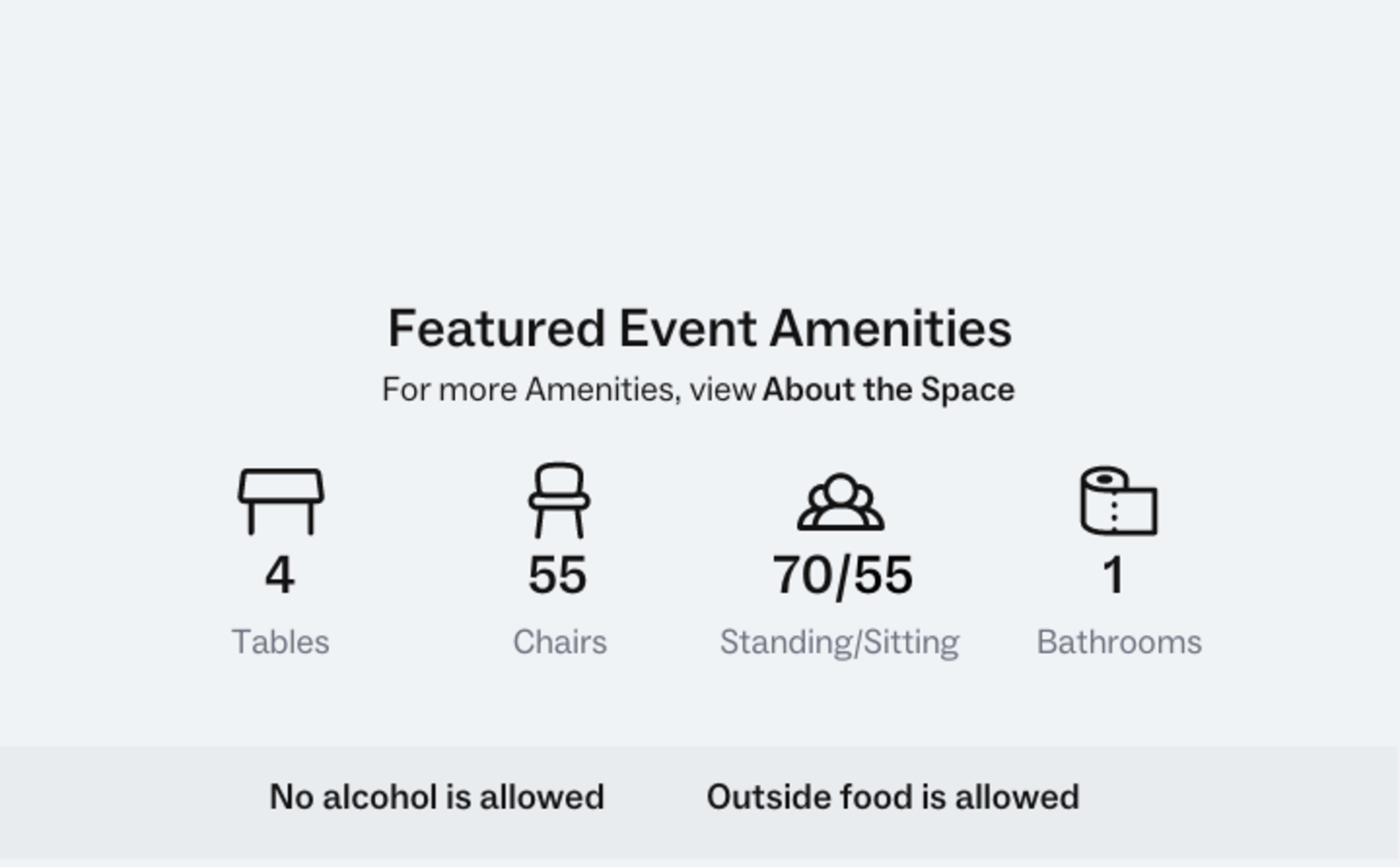 The image displays the featured event amenities, including 4 tables, 55 chairs, a standing/sitting capacity of 70/55, and 1 bathroom, along with notes on food and alcohol policies.