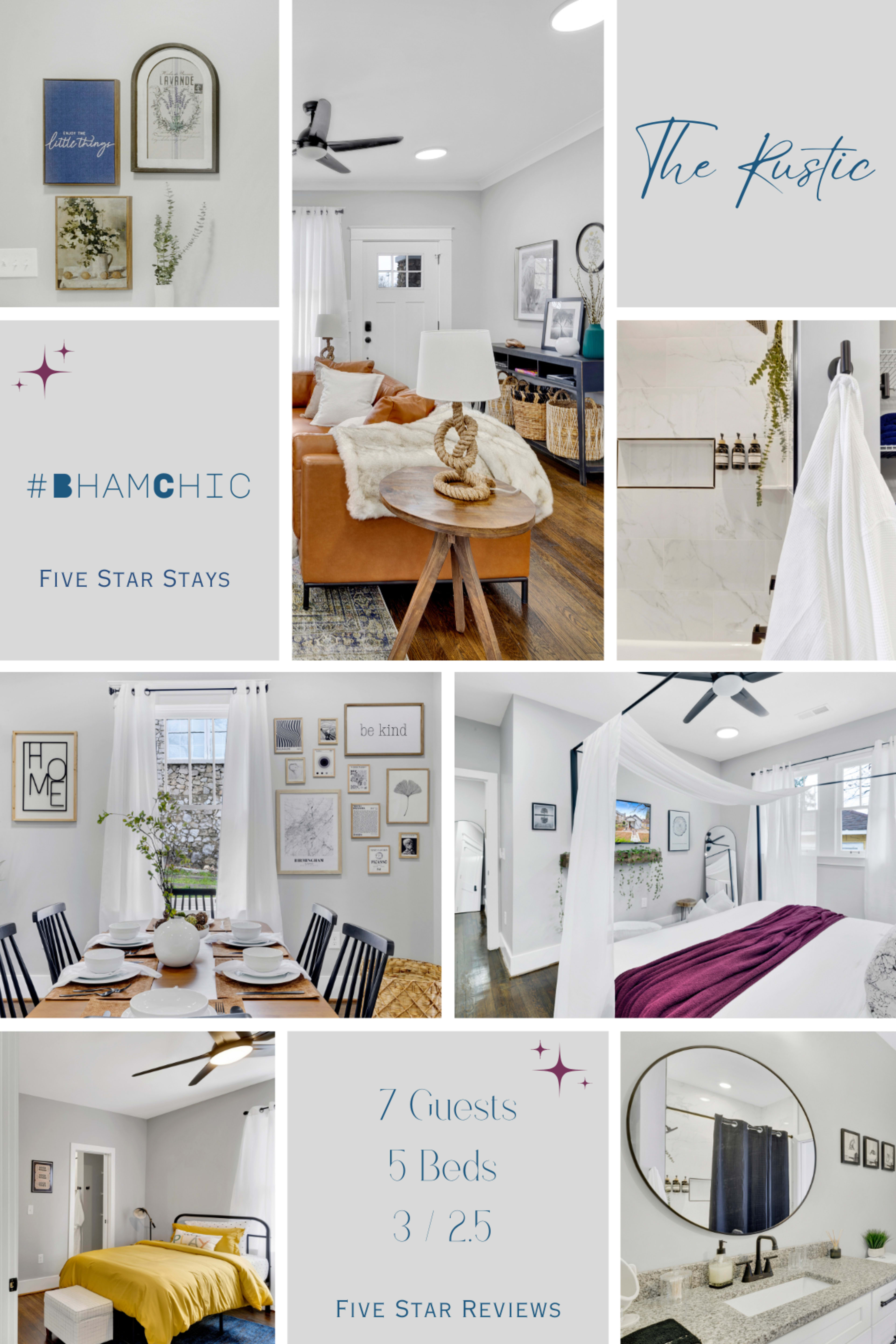 A collection of rooms and amenities from a rental property called "The Rustic," featuring various living spaces, bedrooms, and bathrooms suitable for seven guests.