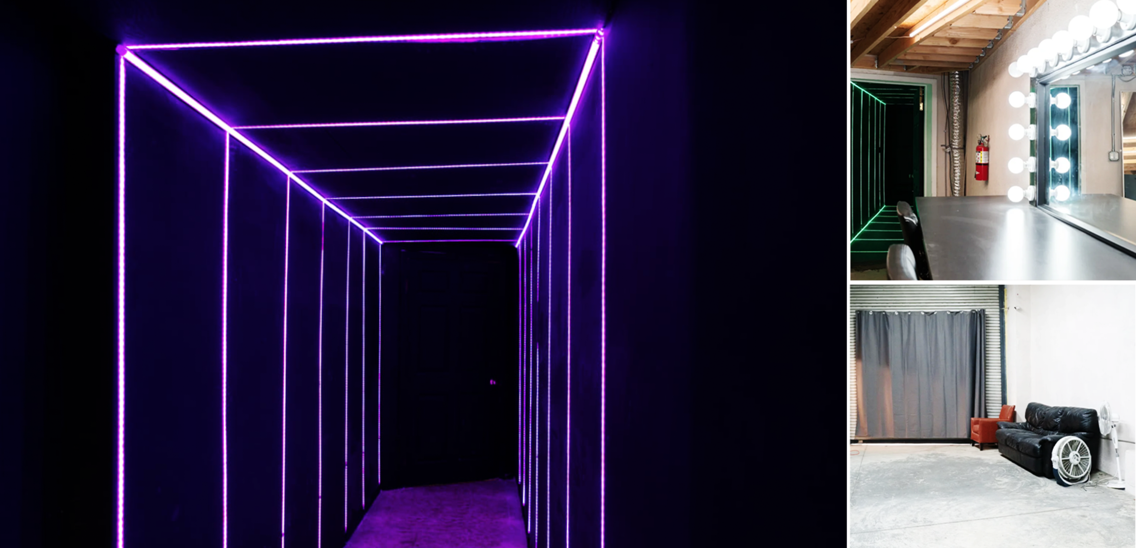 A dark corridor illuminated by vibrant neon lights, alongside a vanity mirror with bright bulbs and a seating area featuring a couch and a curtain.