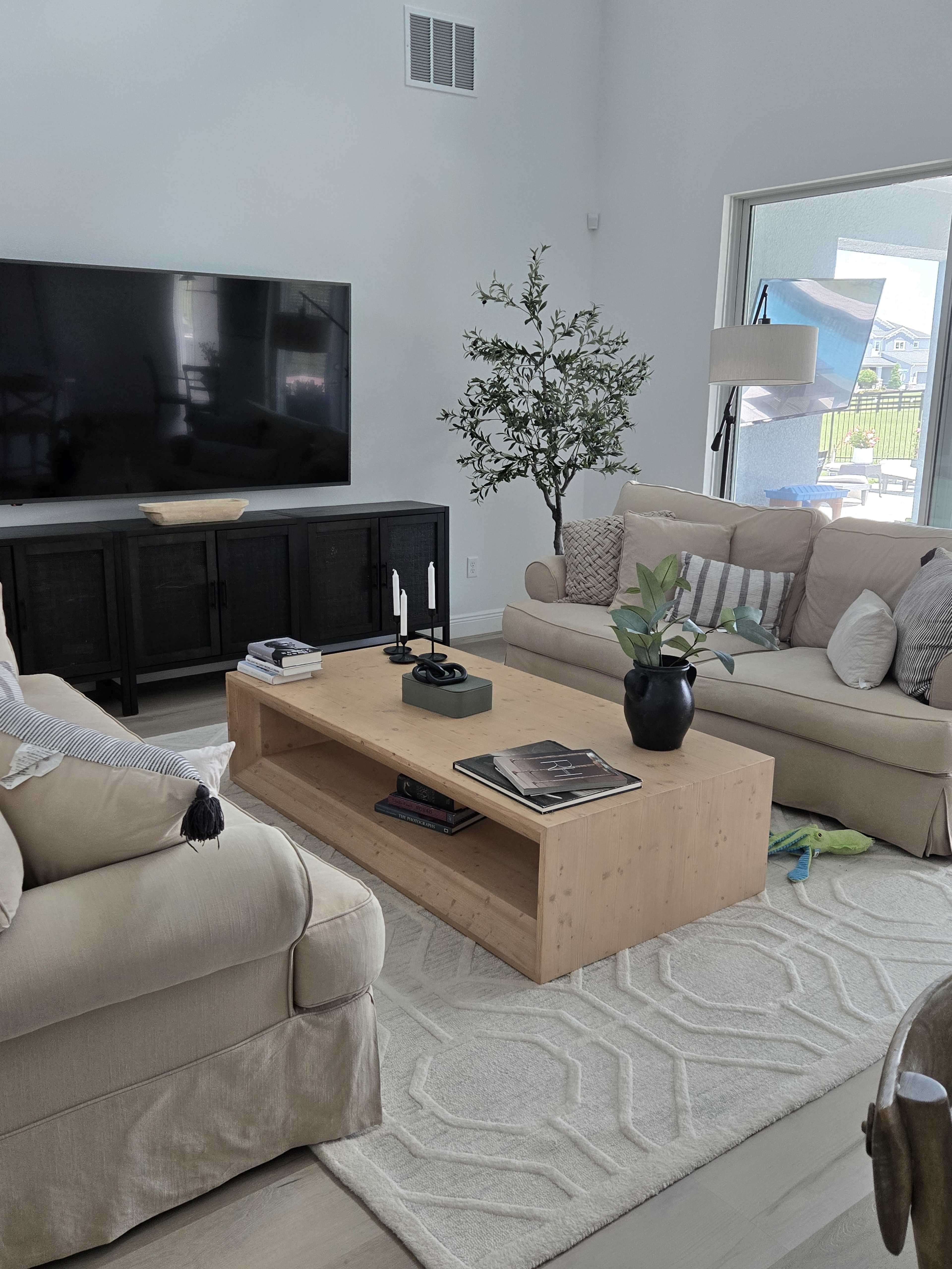The living room features a television mounted on the wall, a wooden coffee table in the center, and two beige sofas with various decorative items and plants.