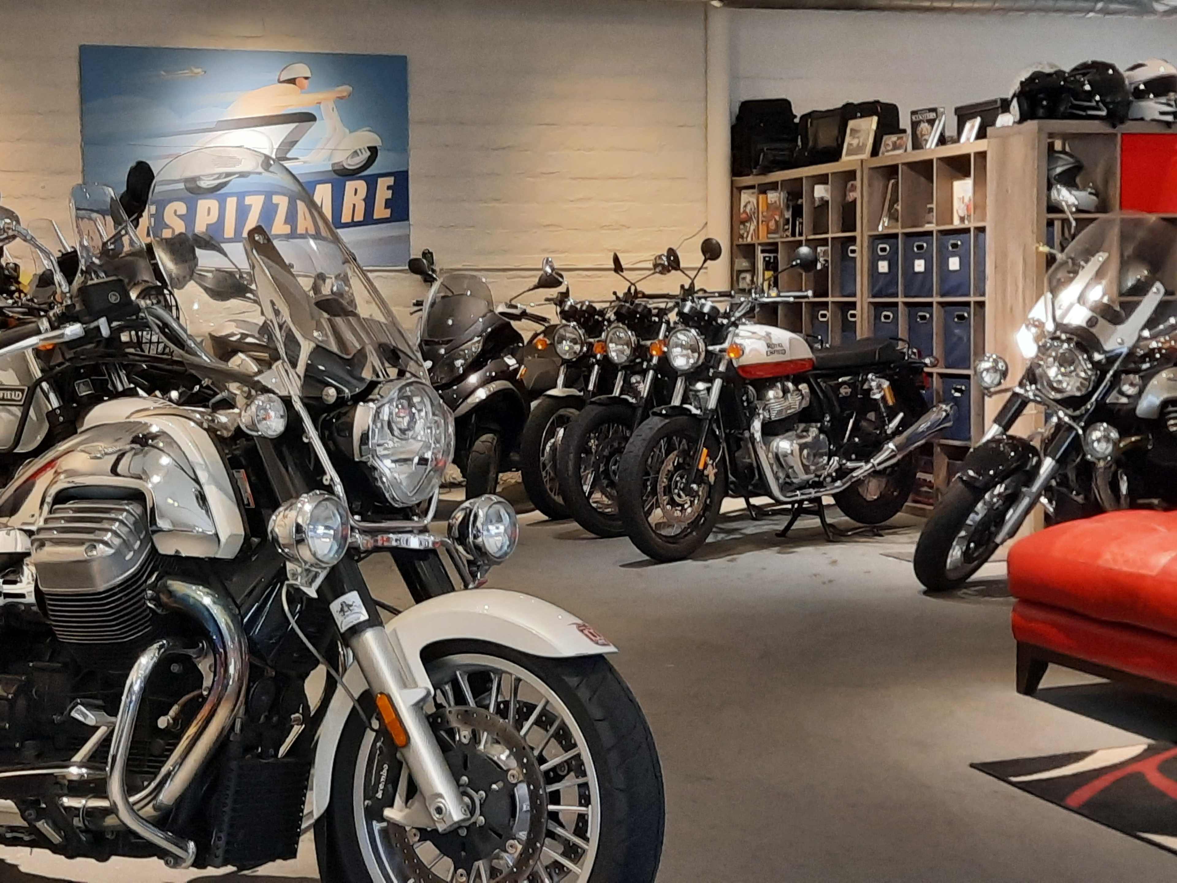 A motorcycle showroom featuring various models displayed on a polished floor, with shelves holding accessories in the background.