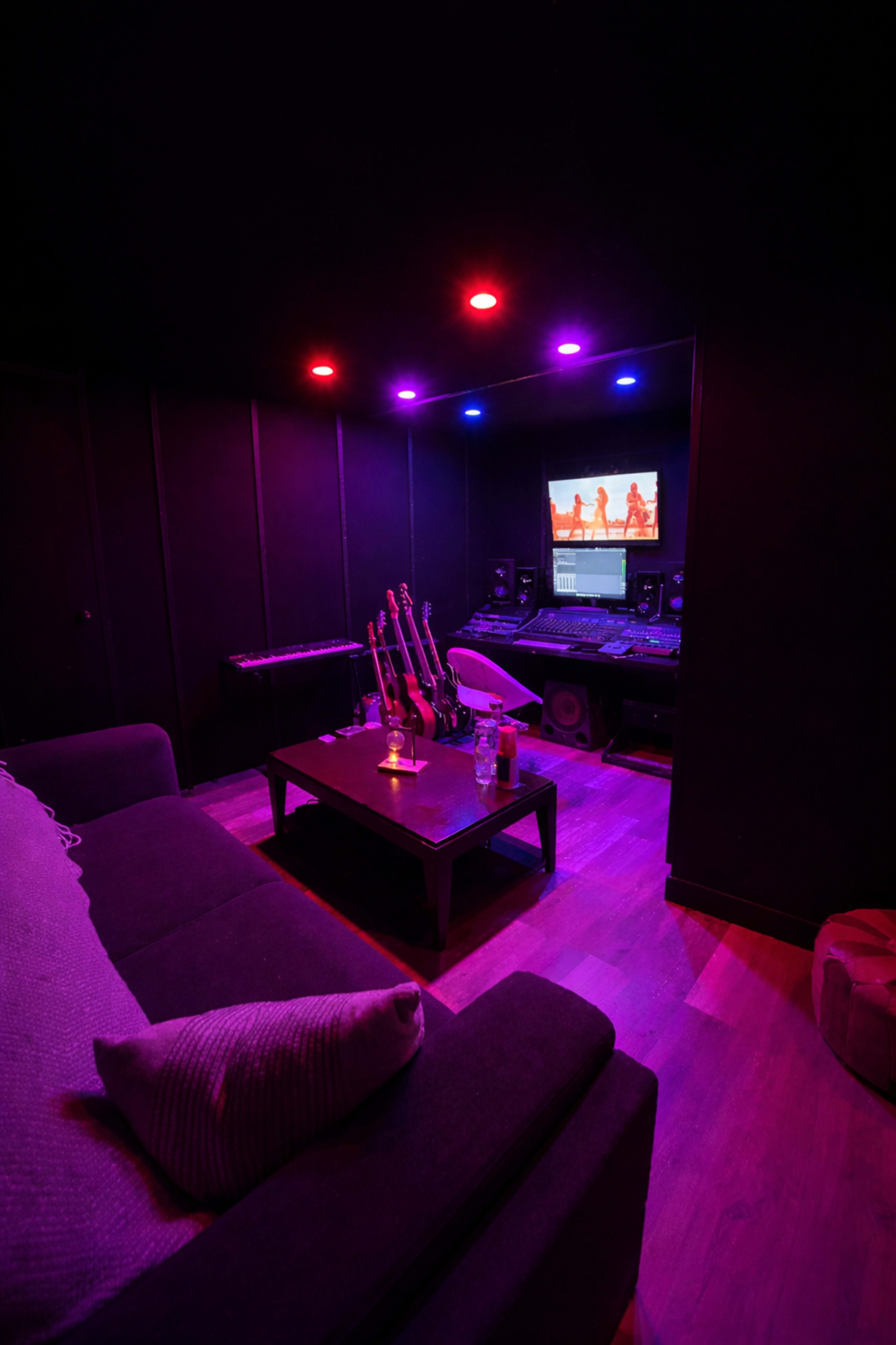 The image shows a dimly lit music studio with a couch, a table, and a computer setup surrounded by colorful LED lights.