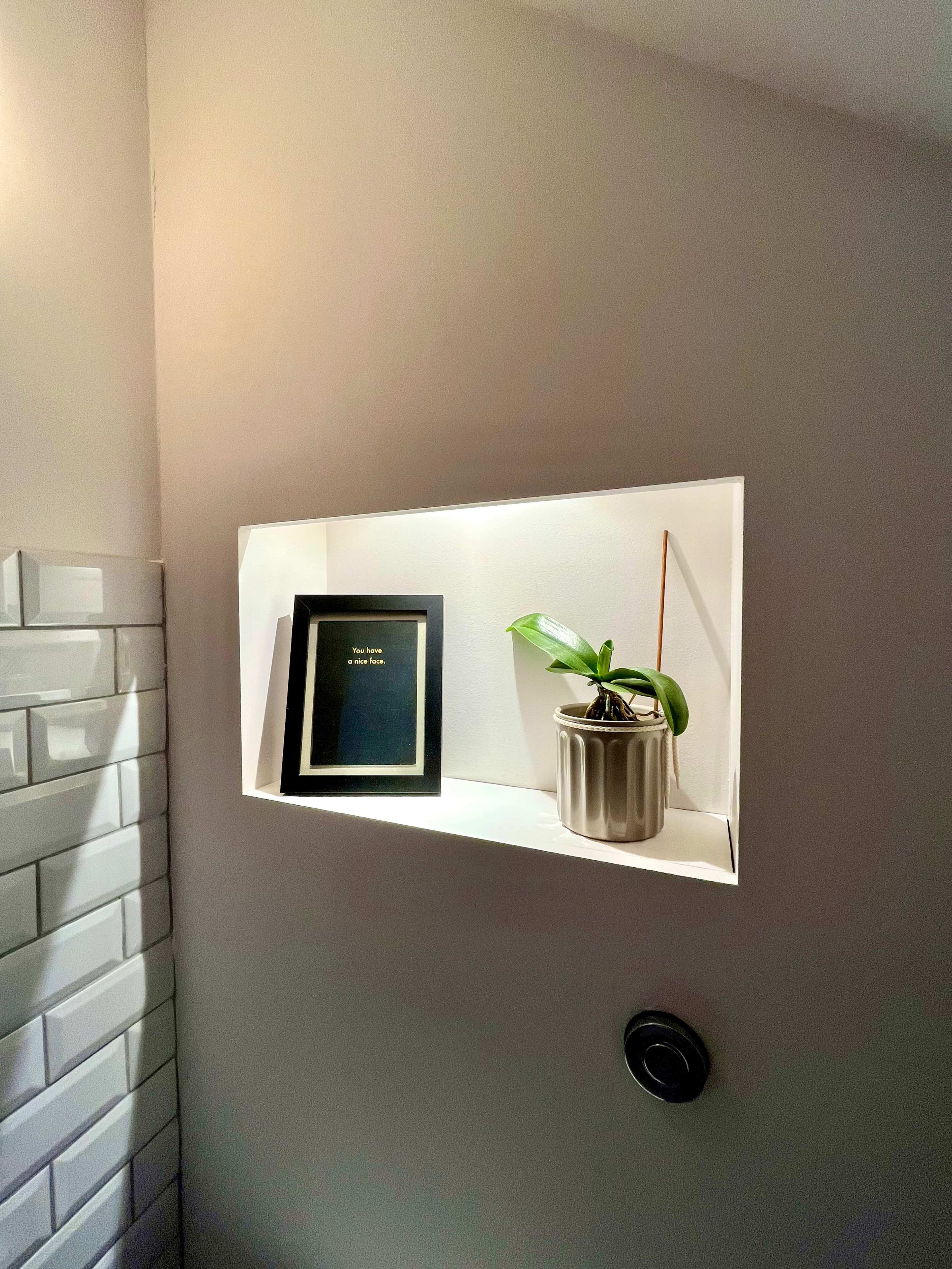 The image shows a lit alcove with a framed picture and a potted plant on a shelf against a white wall.