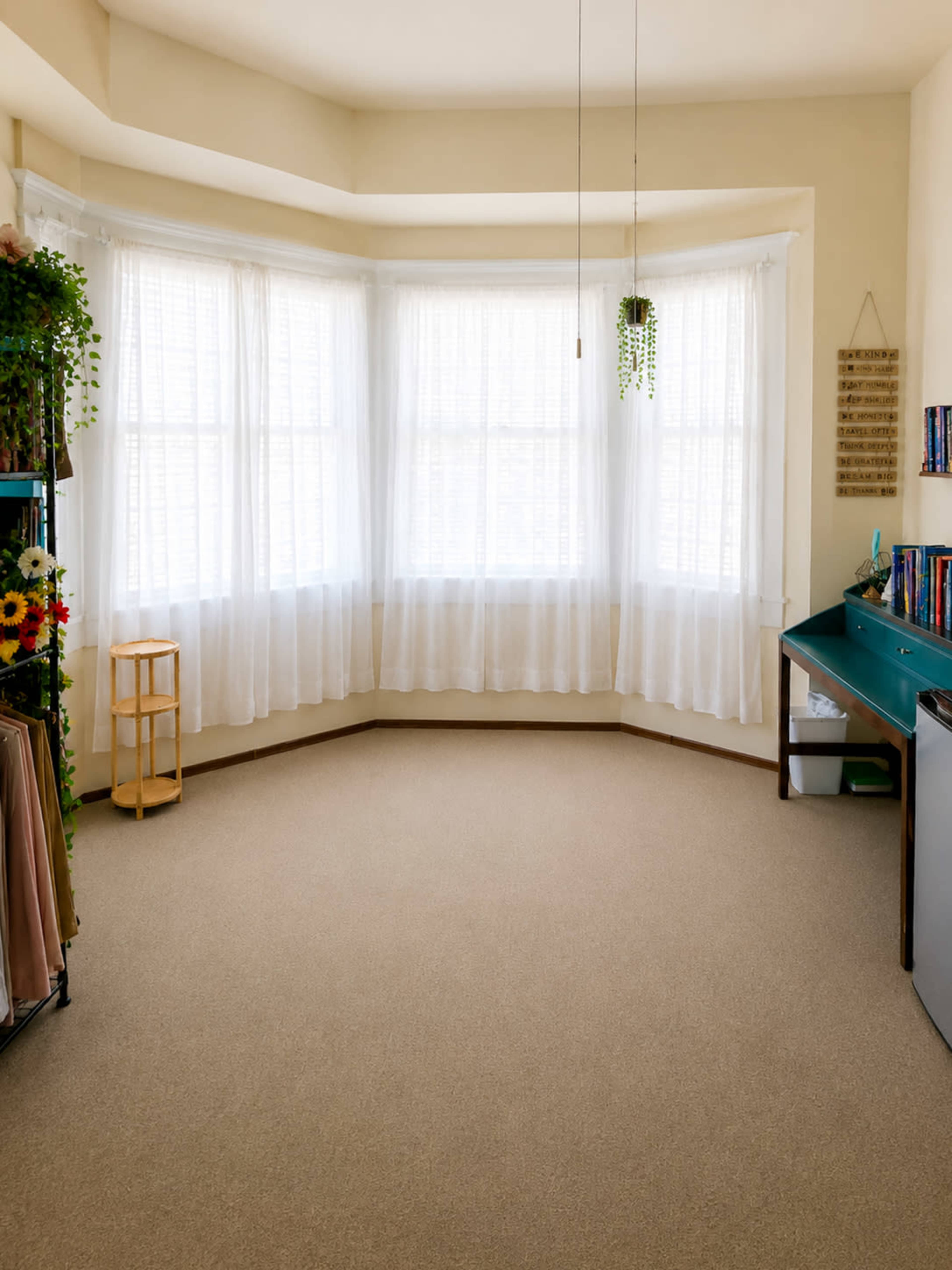 The image shows a well-lit corner of a room with large windows, light curtains, a wooden plant stand, and a teal desk against the wall.