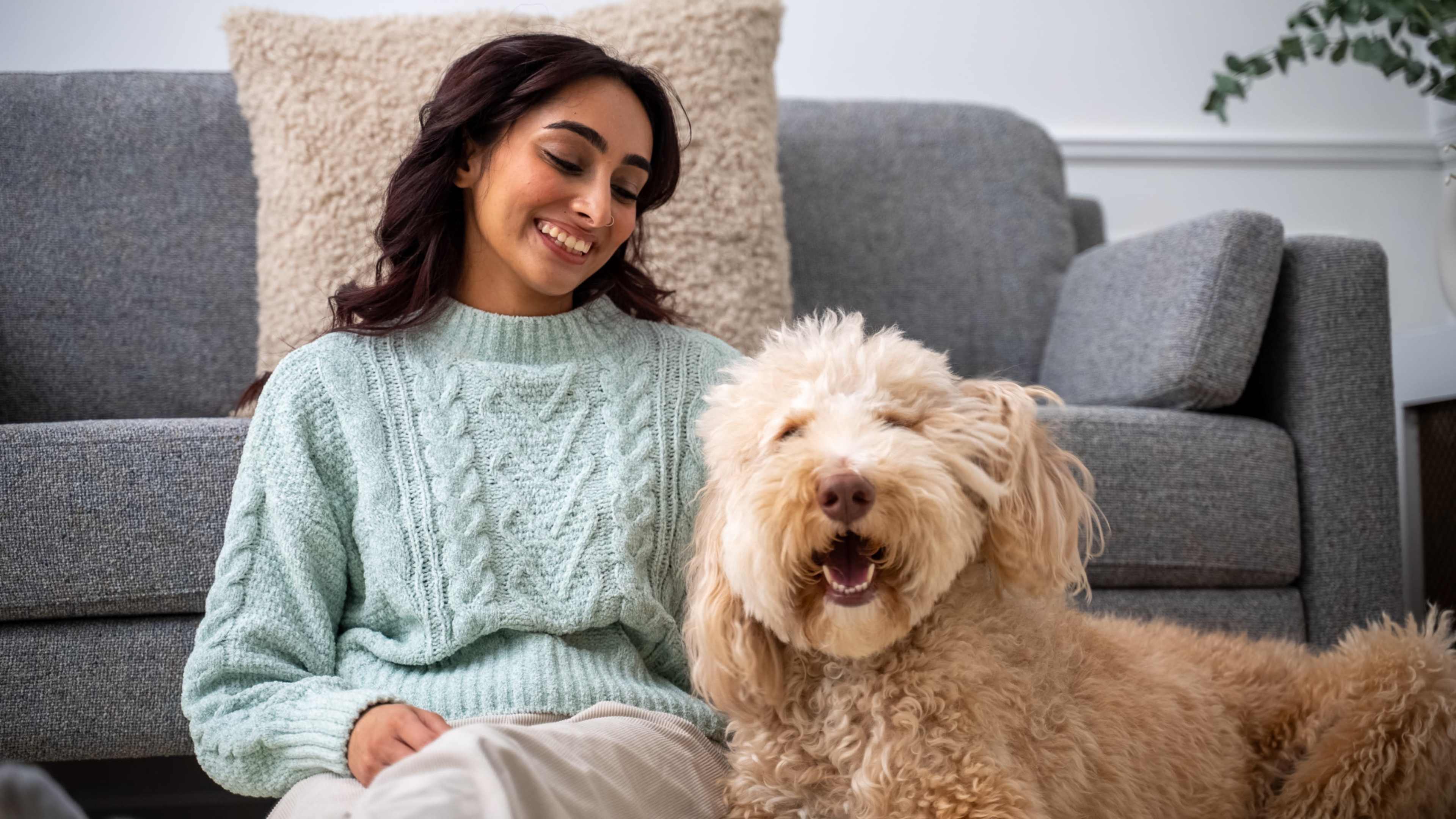 A woman sits on the floor next to a smiling dog while leaning against a gray couch.