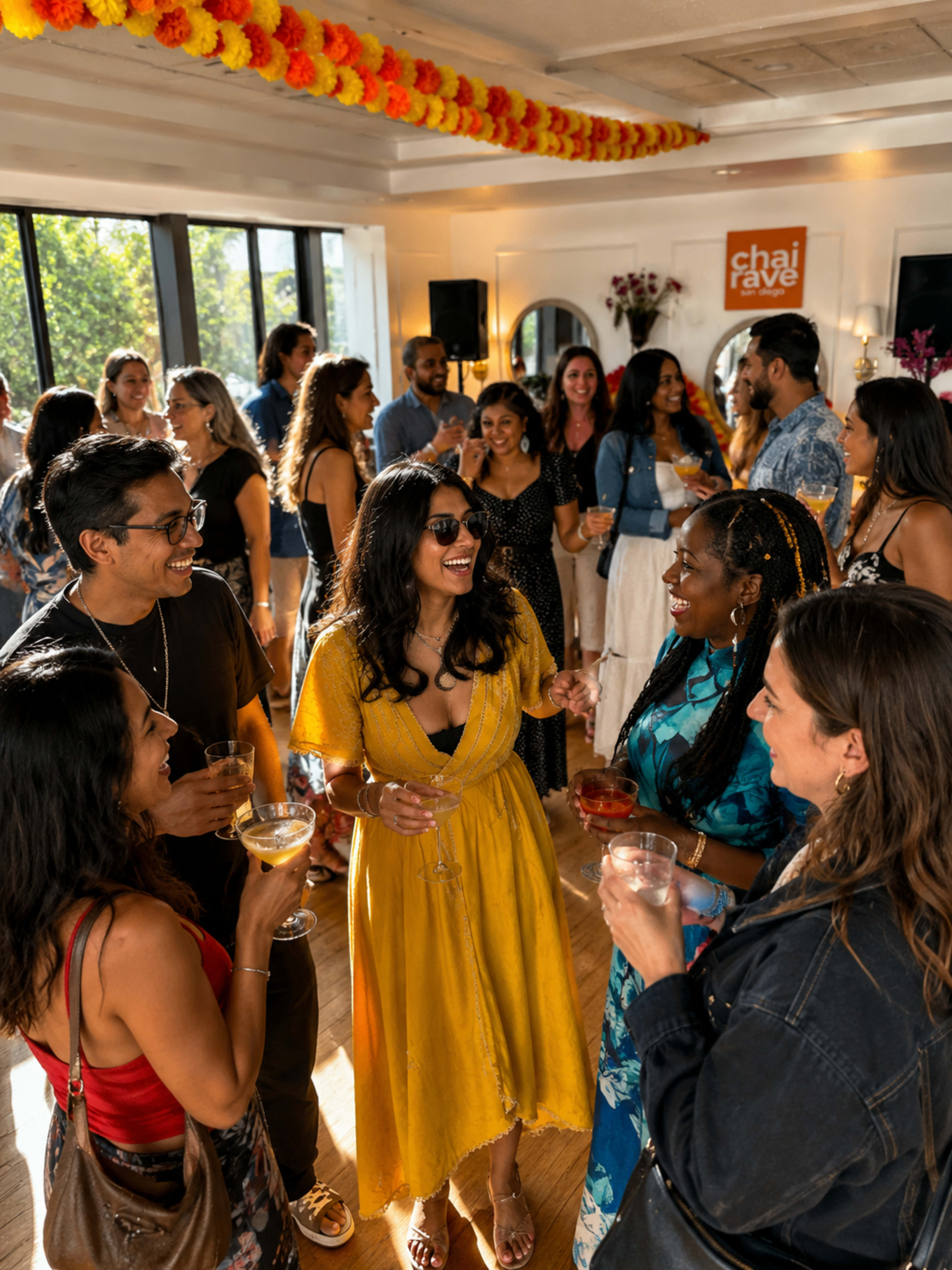 A diverse group of people socialize in a bright, lively room decorated with colorful streamers and holding drinks.