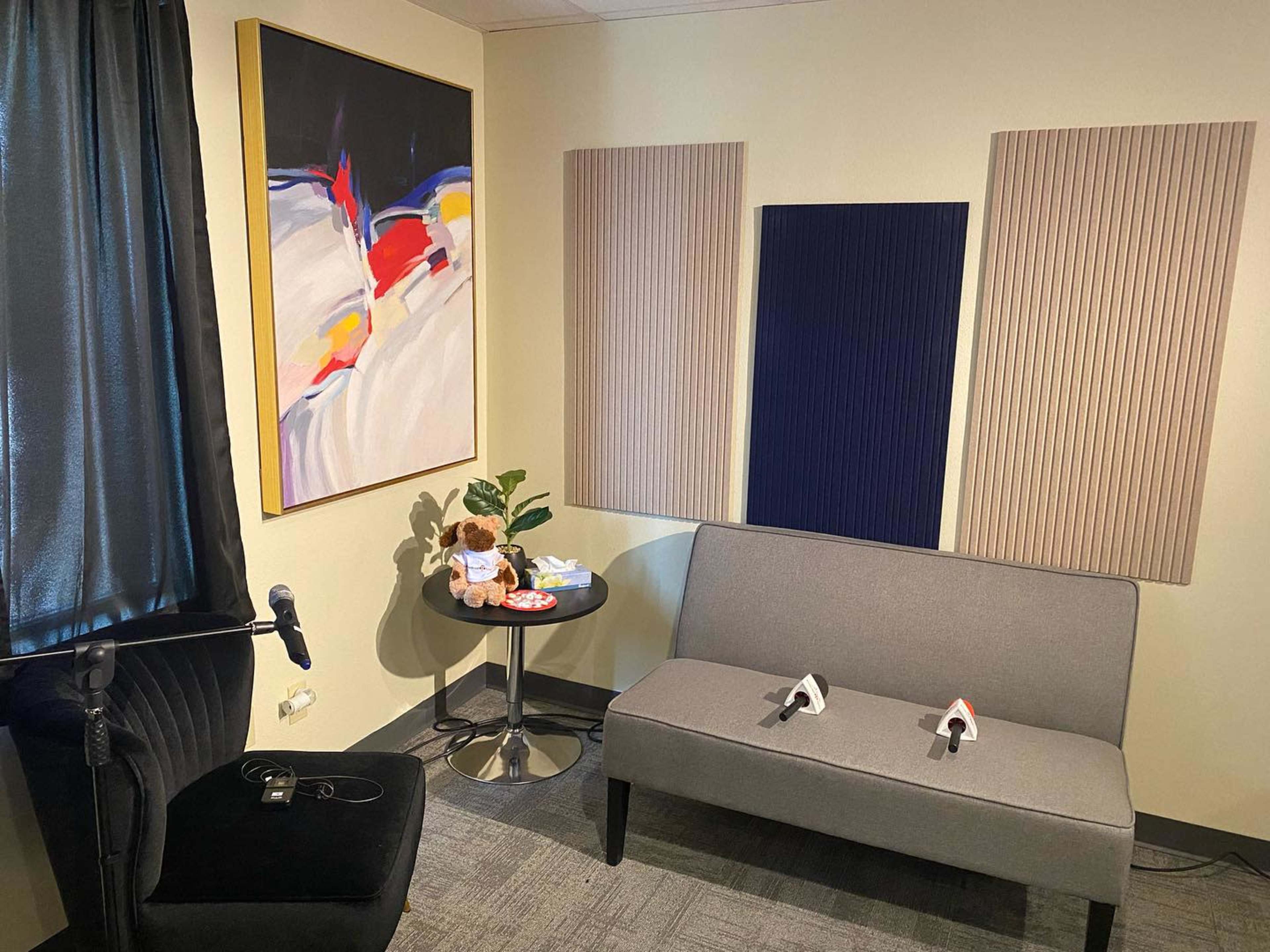 A small recording studio or podcast setup with a gray sofa, two microphones, a small table with a stuffed animal, and soundproofing panels on the walls.