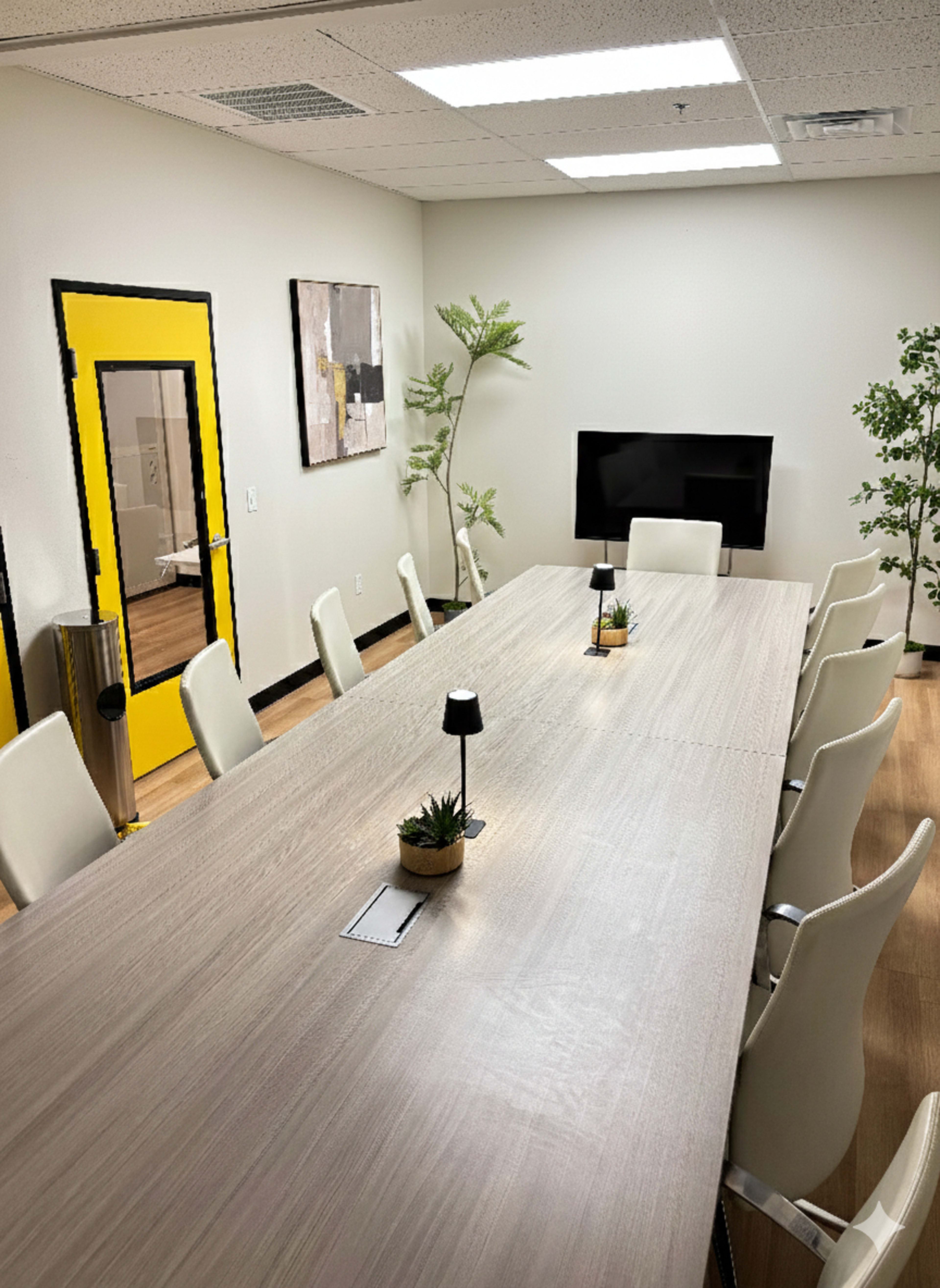The image shows a modern conference room with a large wooden table, white chairs, a television on the wall, and decorative plants in the corners.