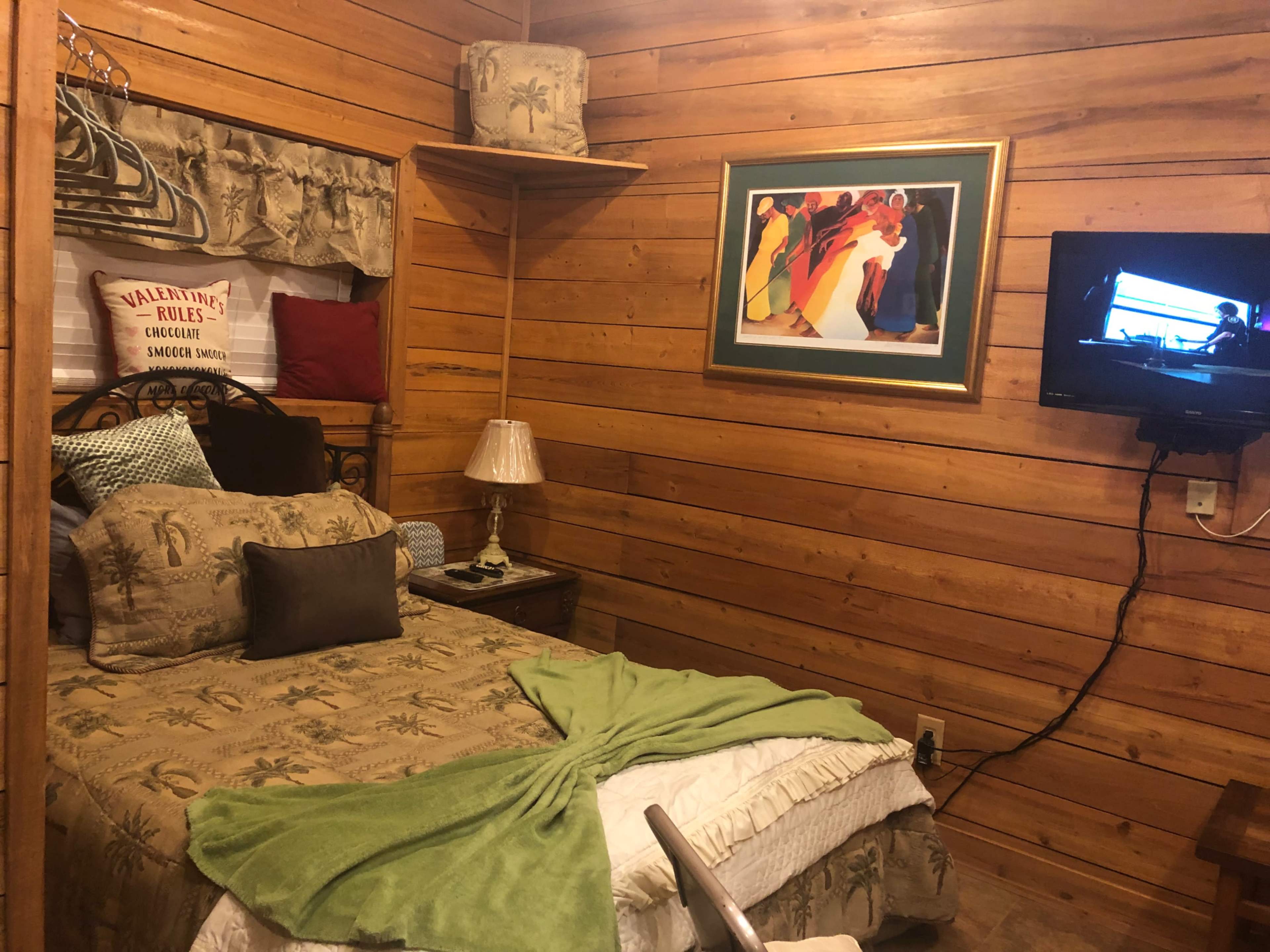 A wooden-paneled bedroom with a bed, decorative pillows, a lamp, a television, and a colorful framed artwork on the wall.