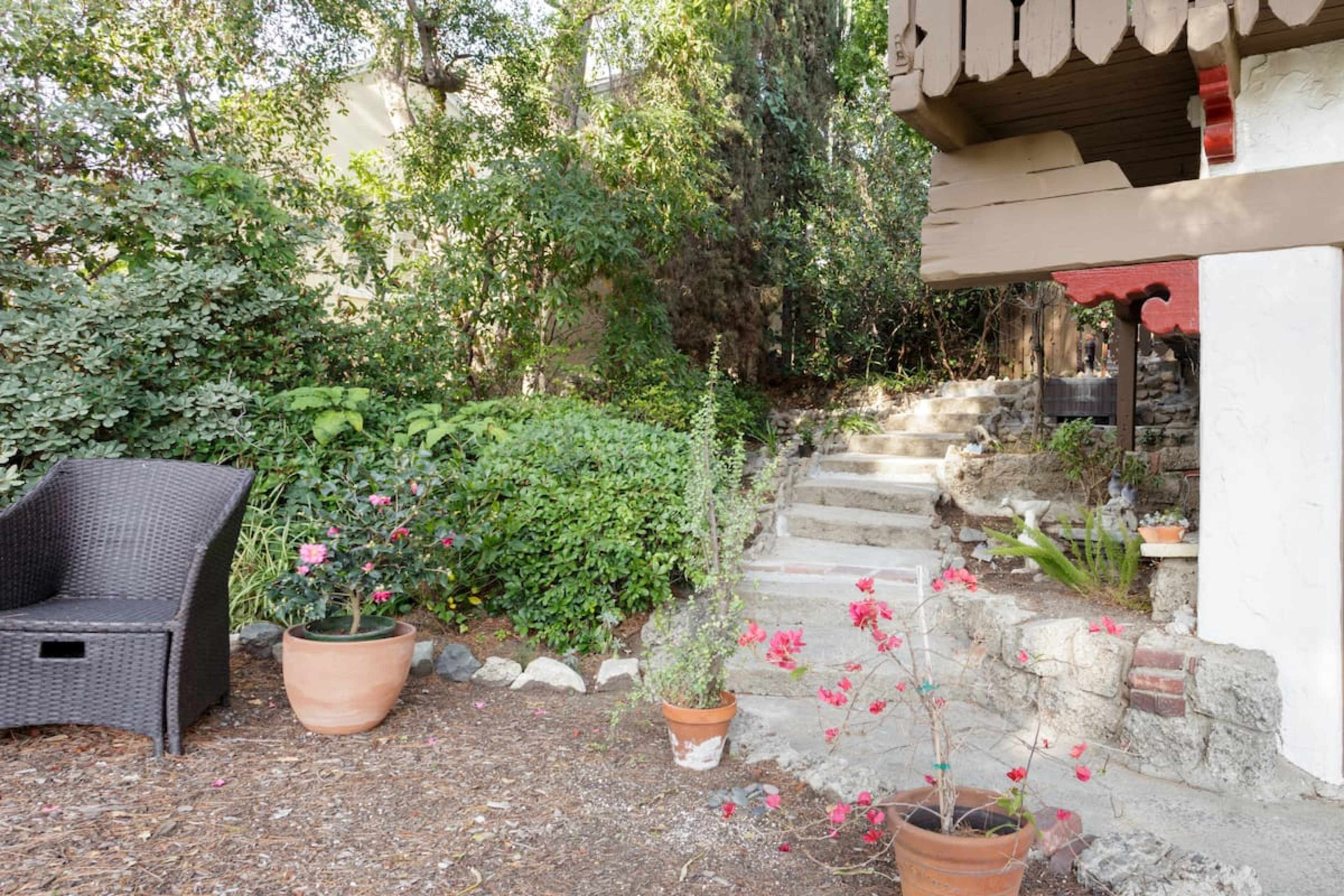 A stone pathway leads up a garden with potted plants and a wicker chair in front of a building.