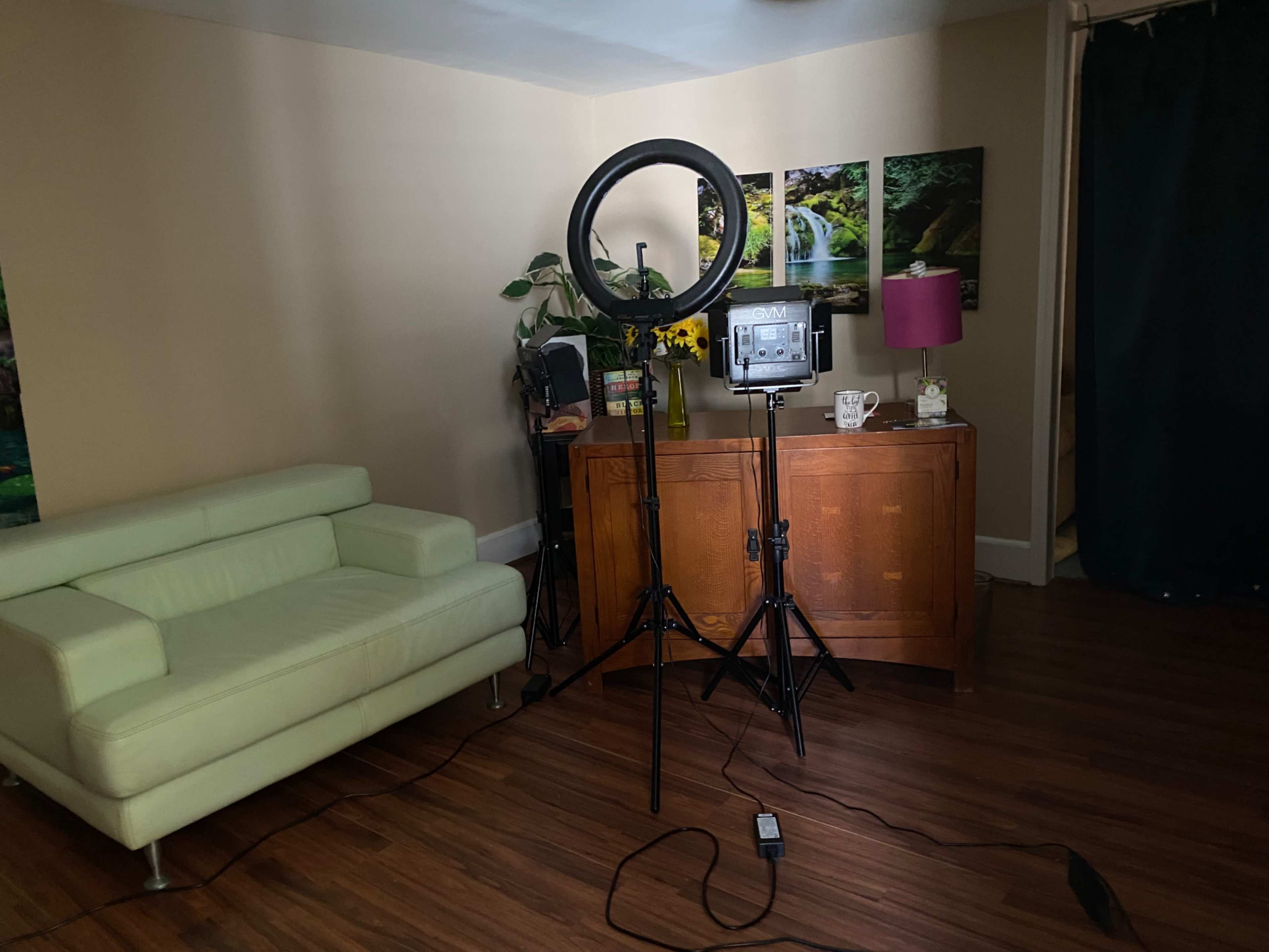 A well-lit room featuring a light ring on a stand, a wooden cabinet, a green couch, and decorative items on a surface.