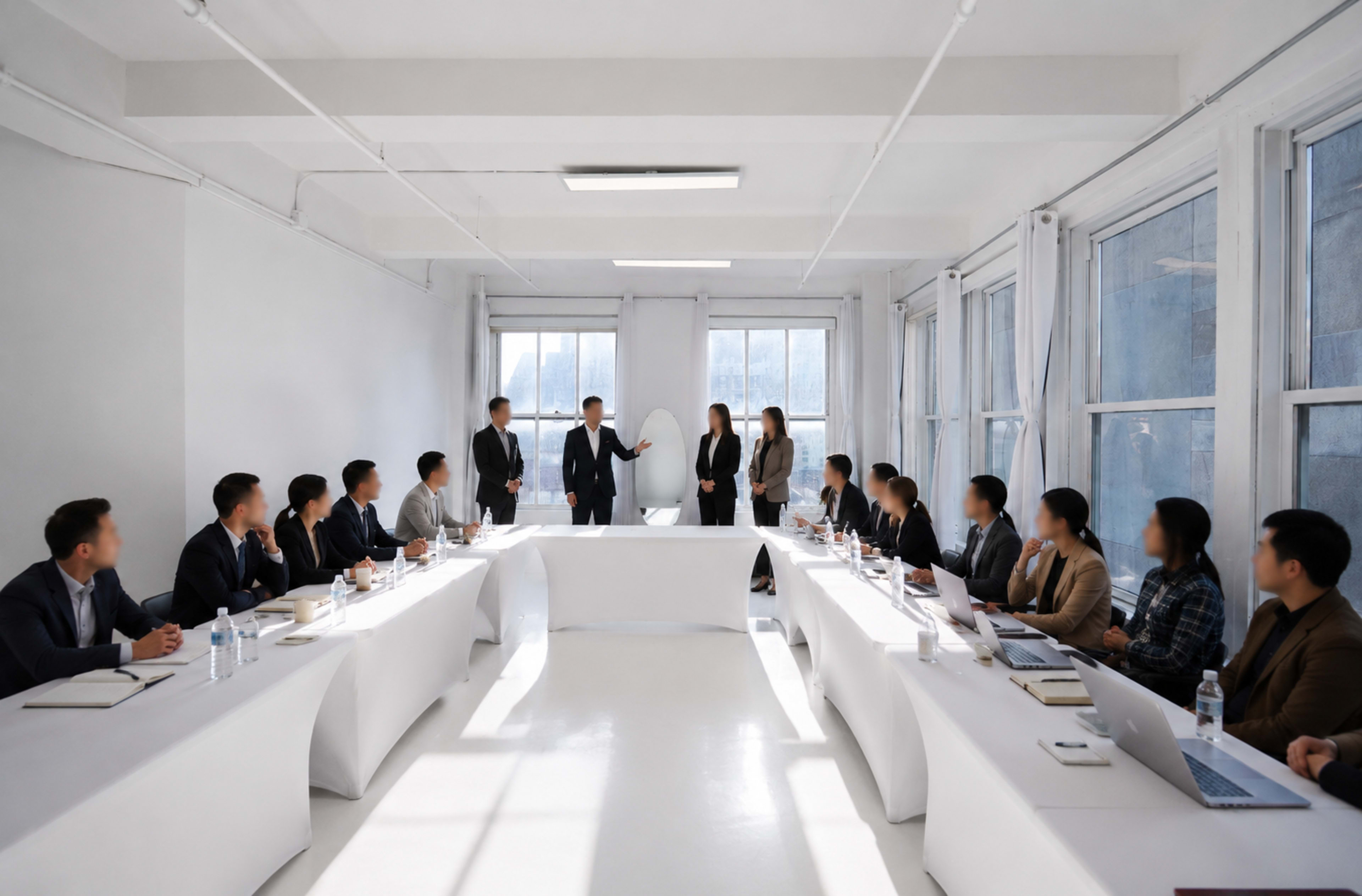 A group of professionals is engaged in a meeting around a long white table in a well-lit room with large windows.