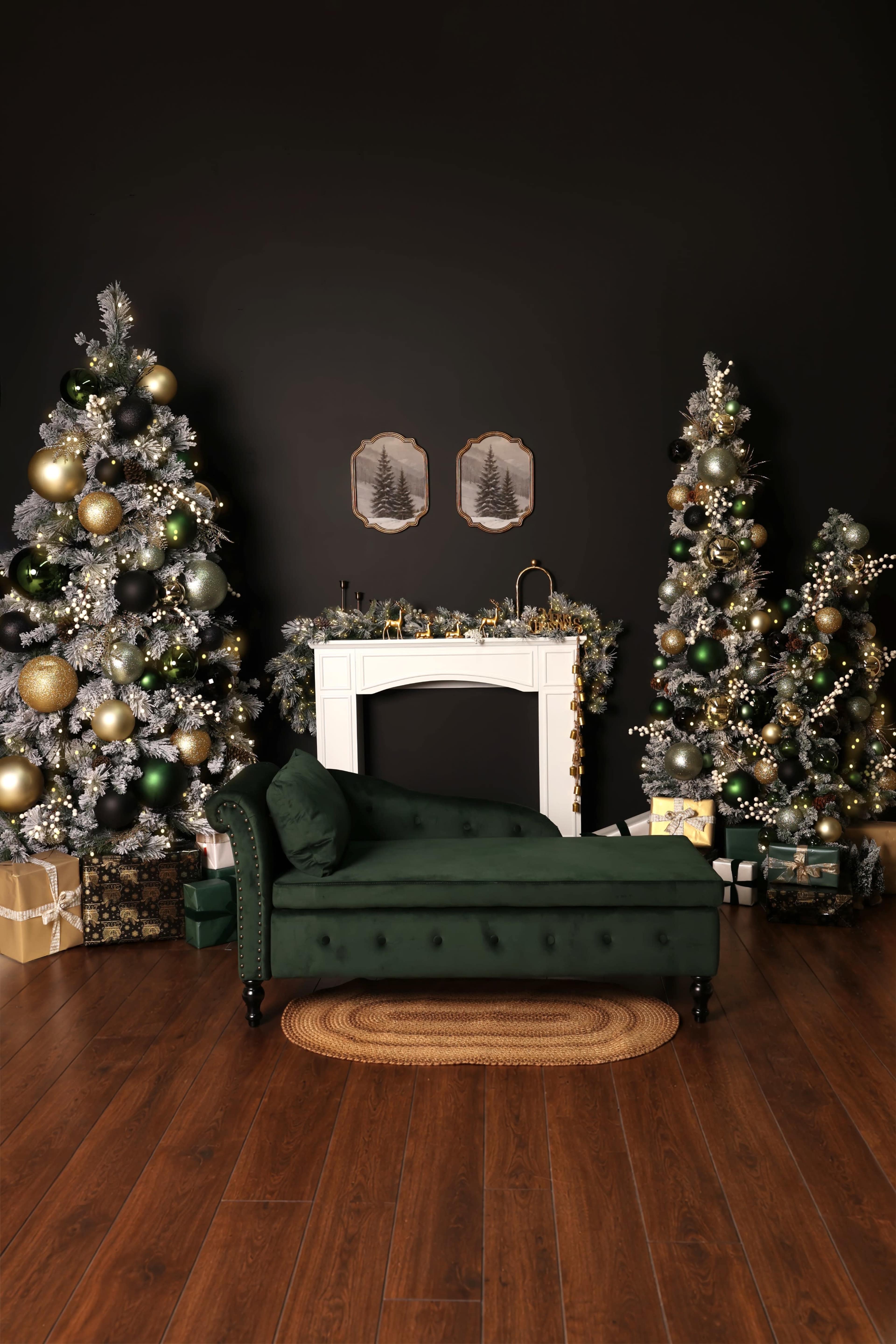 The image features a cozy room with a green velvet chaise lounge, two decorated Christmas trees, and a white fireplace adorned with festive garlands.