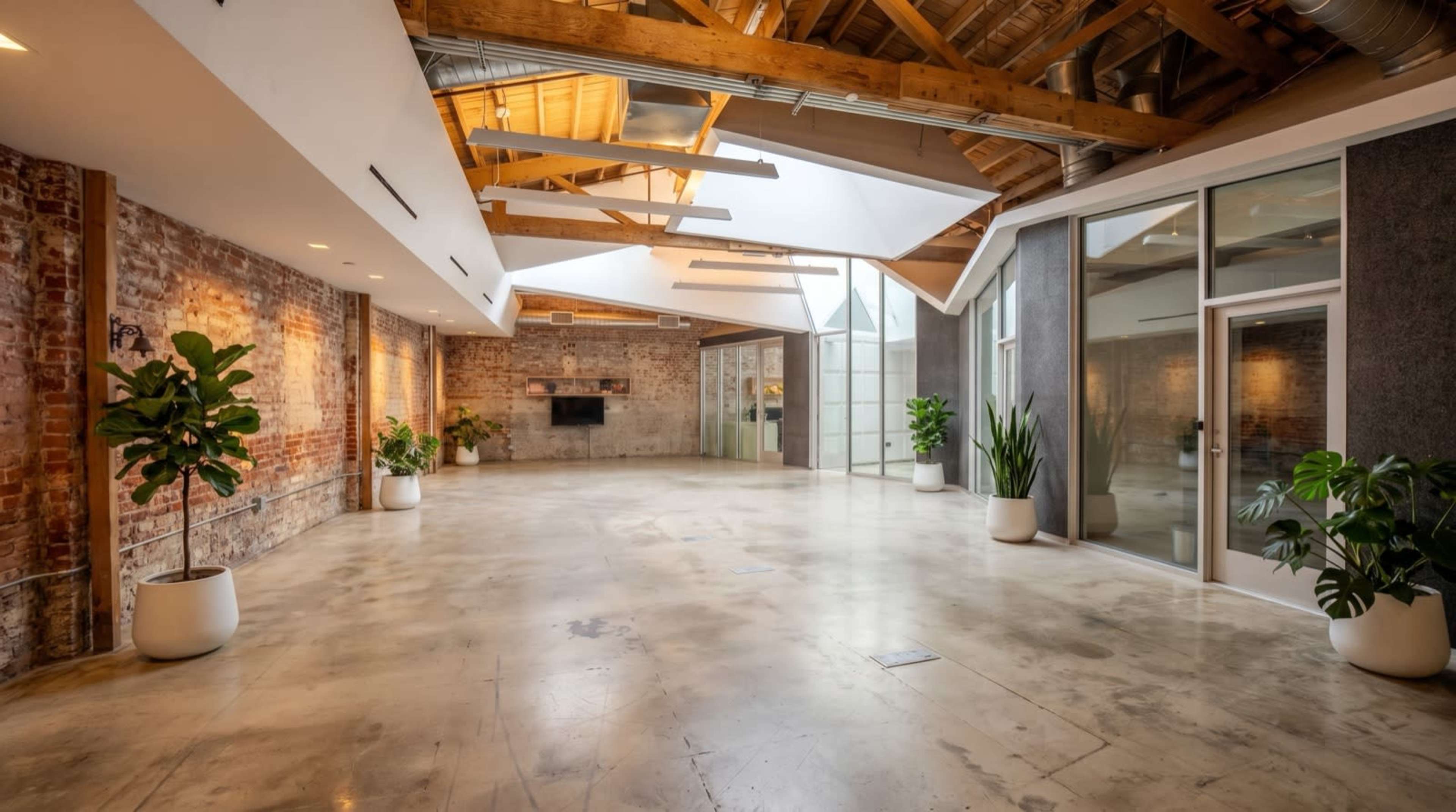 The image features a spacious, modern room with a high wooden-beamed ceiling, large windows, and concrete flooring, adorned with potted plants along the walls.