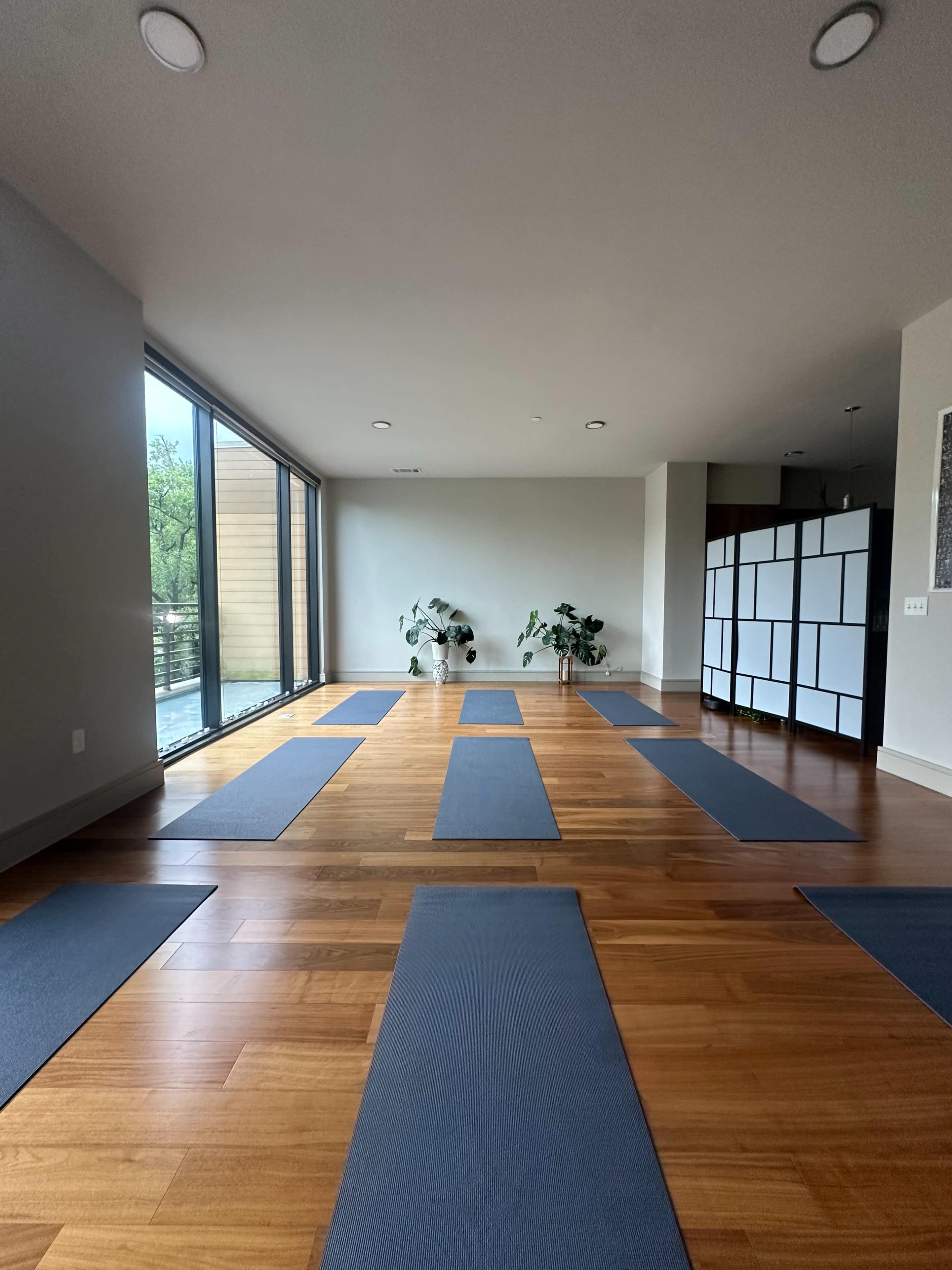 The image shows a spacious, modern yoga studio with several yoga mats placed on a wooden floor, and large windows allowing natural light to enter.