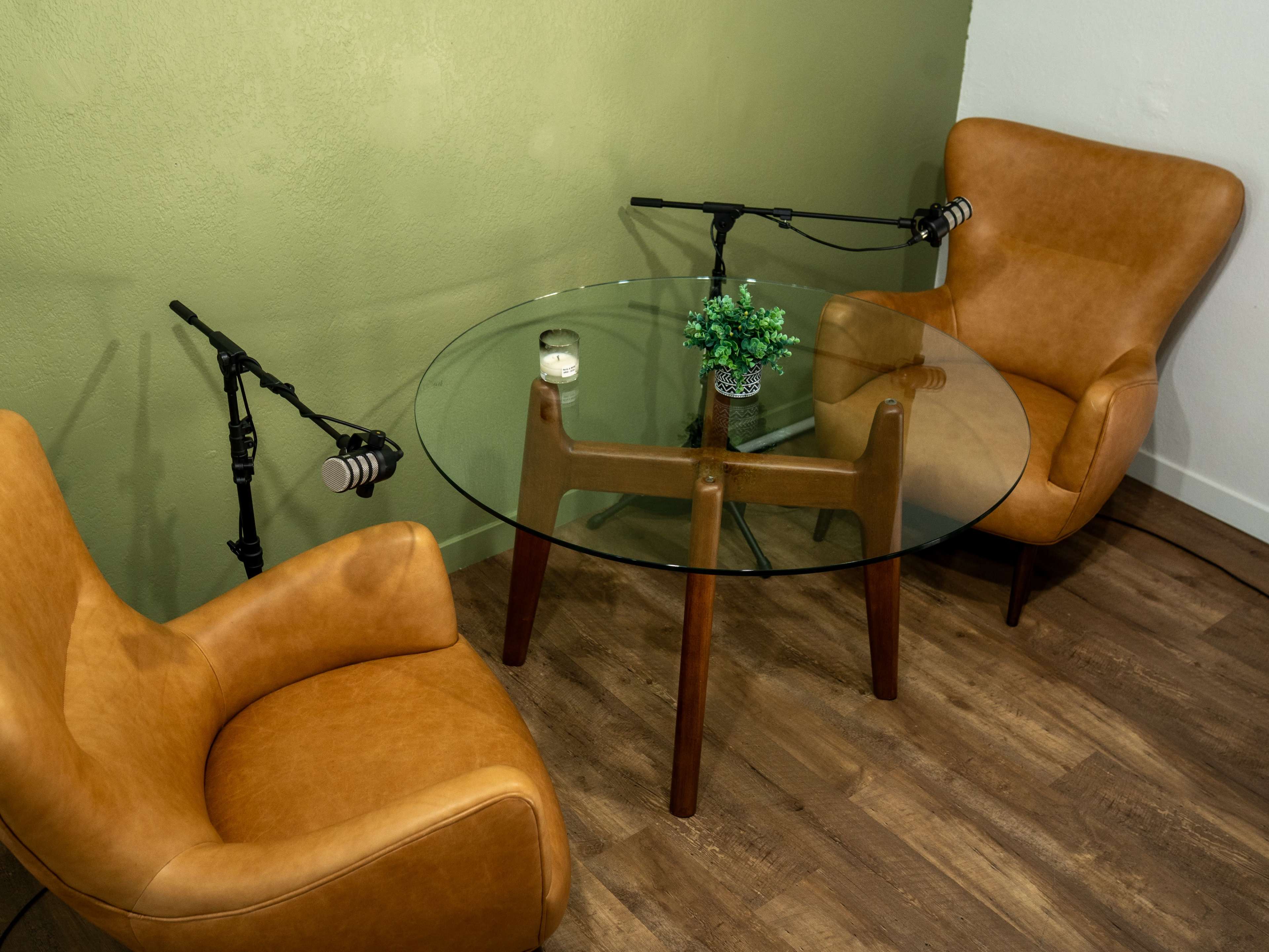 The image shows two tan chairs positioned around a glass table, with microphones attached to tripods on either side, against a green wall.