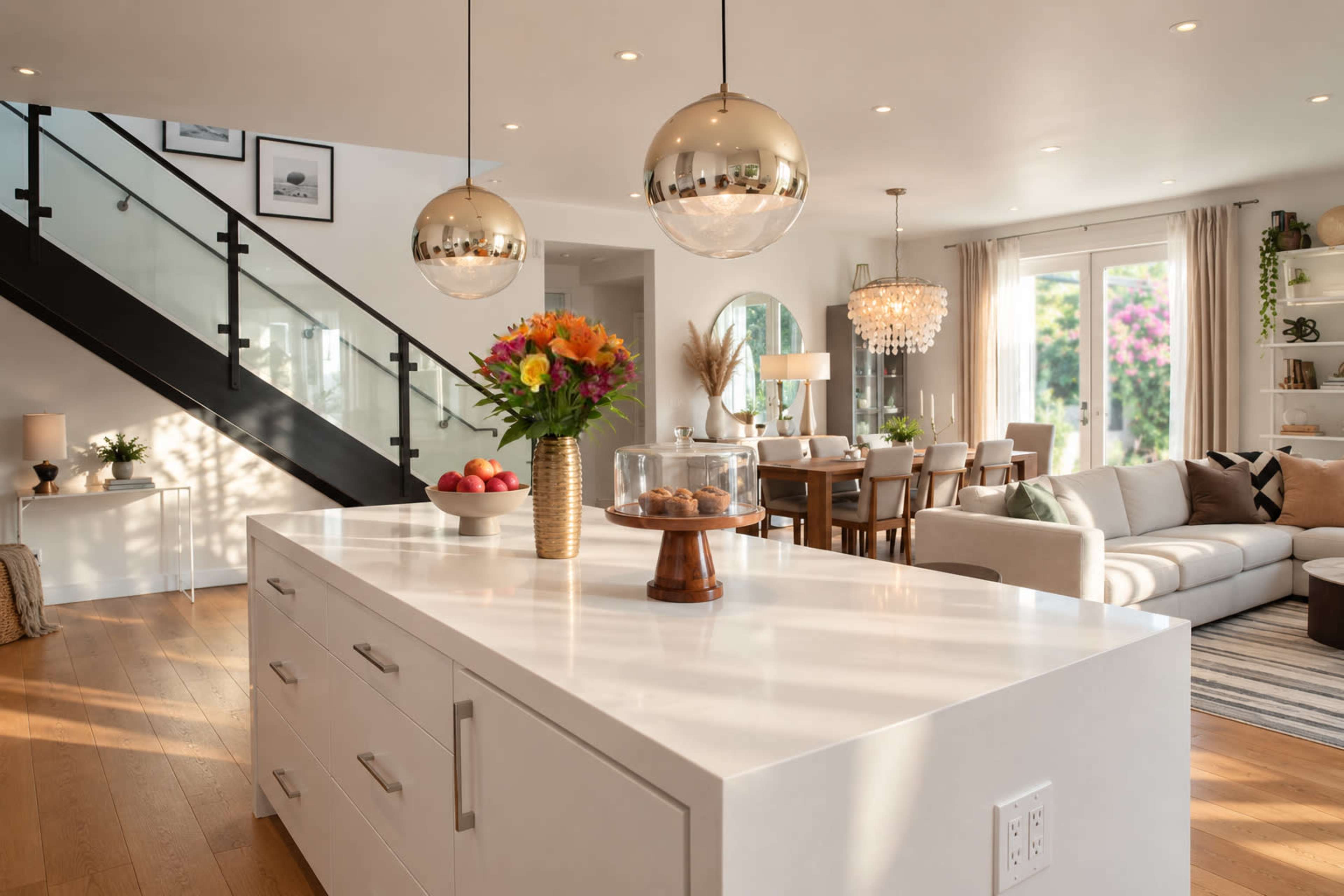 The image features a bright, modern kitchen with a marble island, pendant lights, and an open layout that leads into a dining and living area.