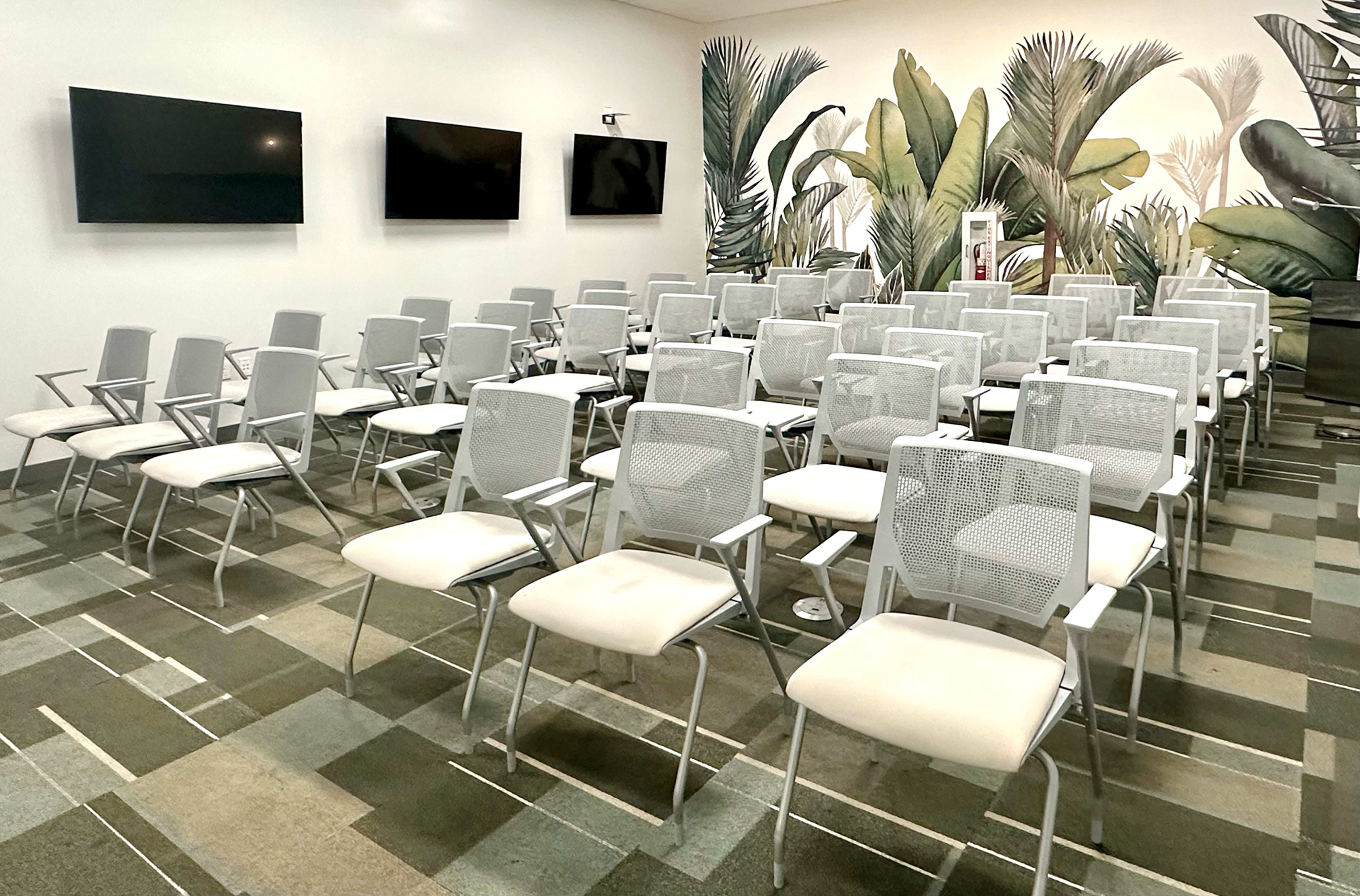A rows of silver-framed chairs with white seats are arranged in a spacious room featuring large wall-mounted screens and tropical-themed murals.