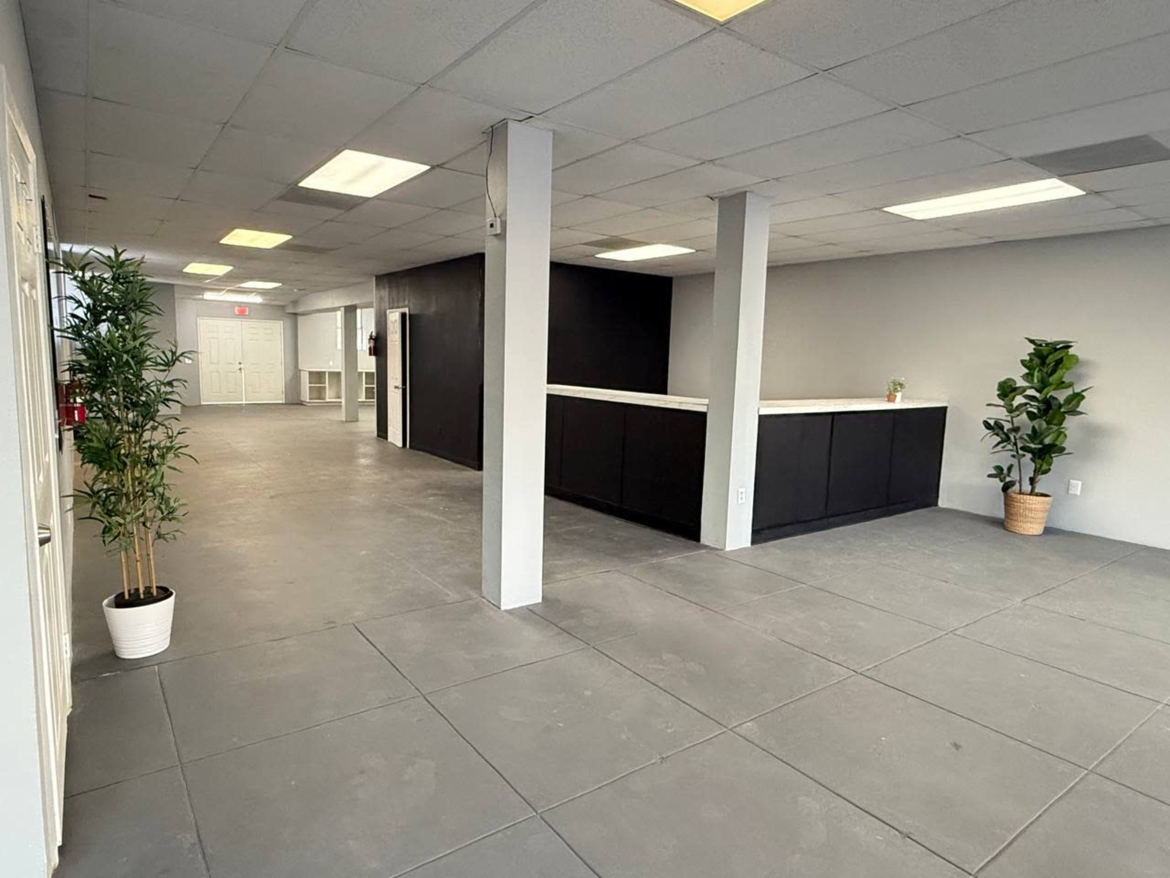 The image shows an empty interior space with a gray floor, white walls, a reception counter, and potted plants in two corners.