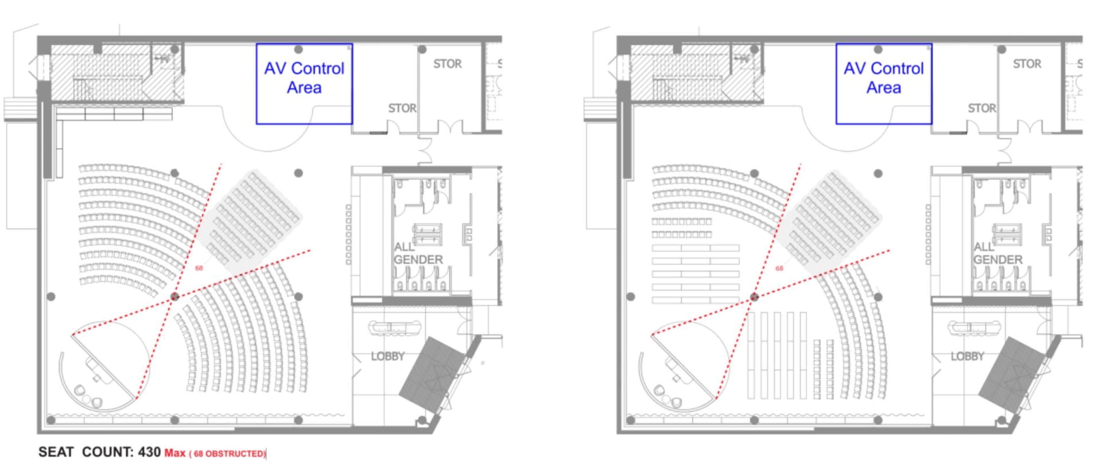 Two floor plans of a venue with designated seating arrangements and an AV control area, indicating a total seat count of 430.