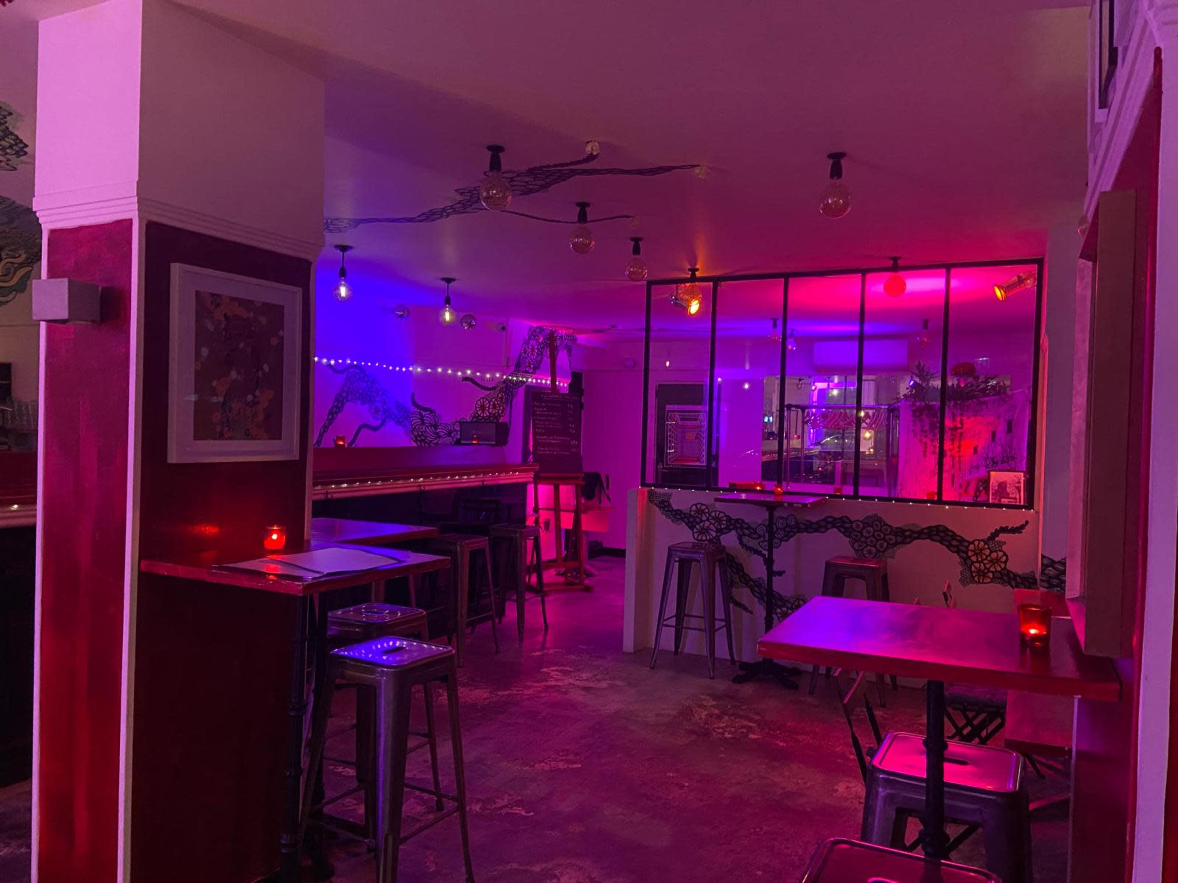 Restaurant lounge avec œuvres artistiques et cave voûtée en pierre. Système sono et light de boîte de nuit. Fresque peinte au plafond. Baies vitrées. Image dans Montmartre, Paris, 