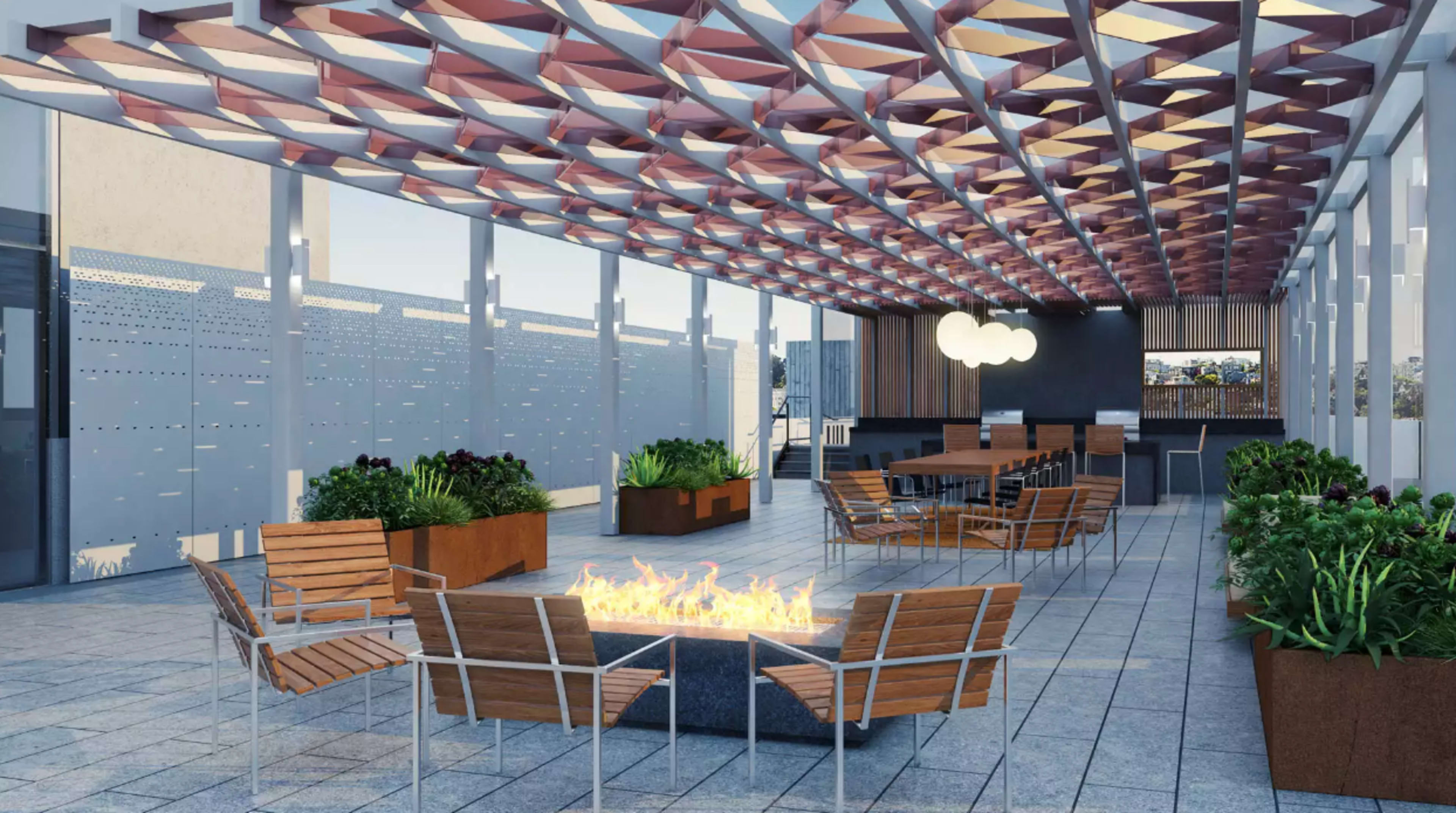 A modern outdoor seating area with a fire pit surrounded by chairs and tables, under a geometric overhead structure.