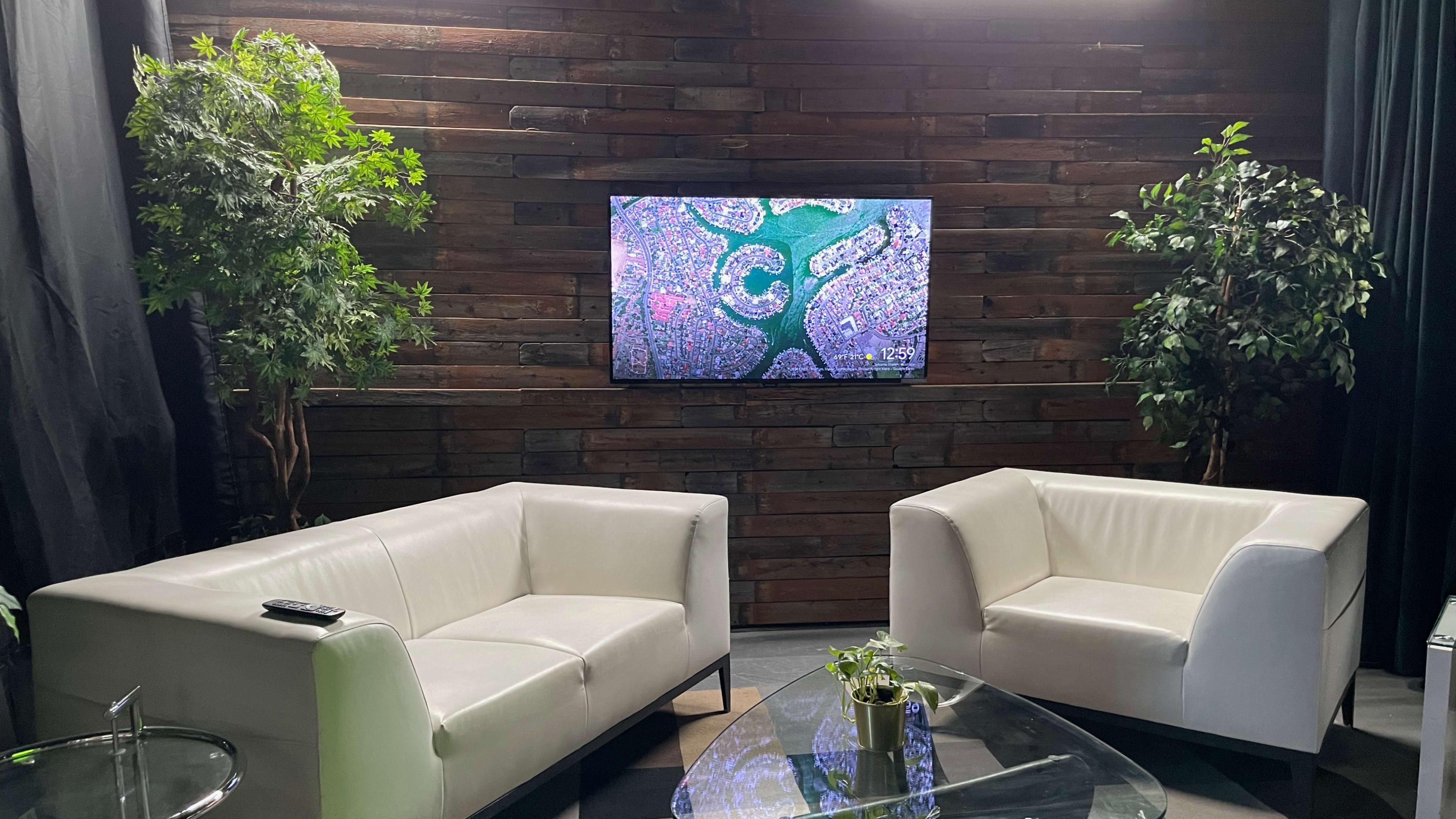 A modern seating area with two white chairs facing a television displaying a colorful aerial view, set against a backdrop of wooden wall boards and greenery.