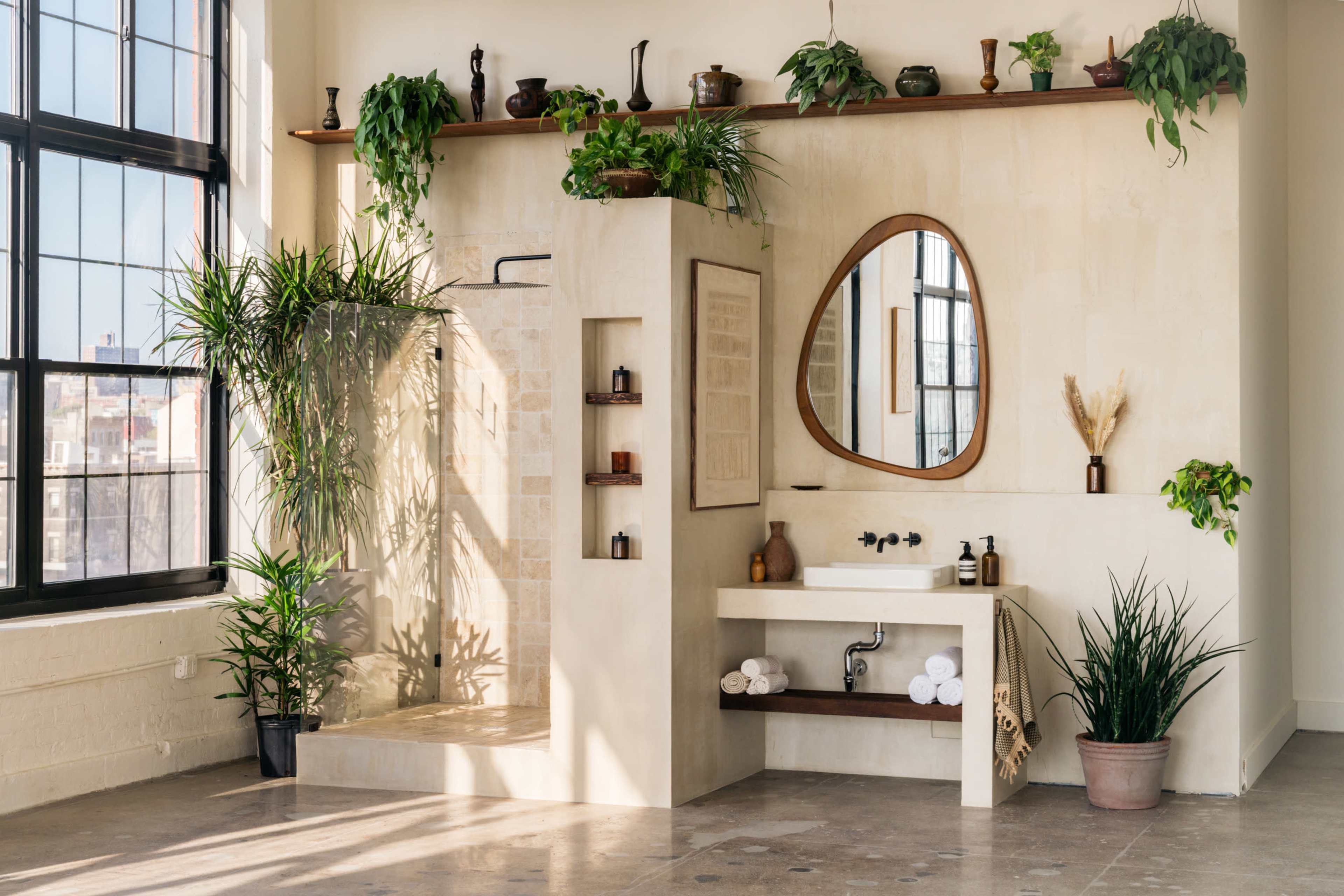 The image depicts a modern bathroom with a walk-in shower, a large mirror, and various plants arranged on shelves and around the sink area.