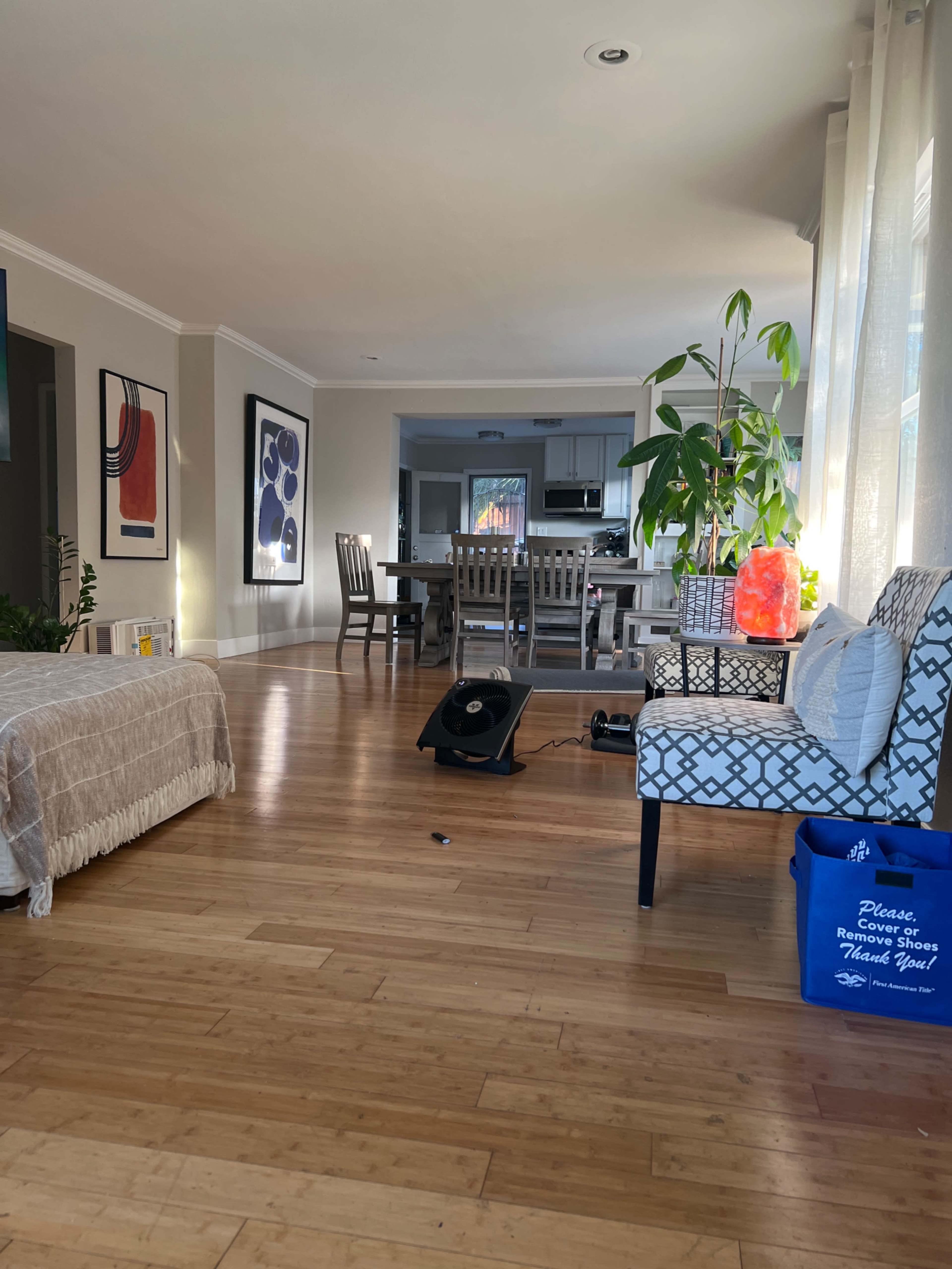 A living room features hardwood flooring, a beige couch, a patterned armchair, a dining table in the background, and a large plant near the window.