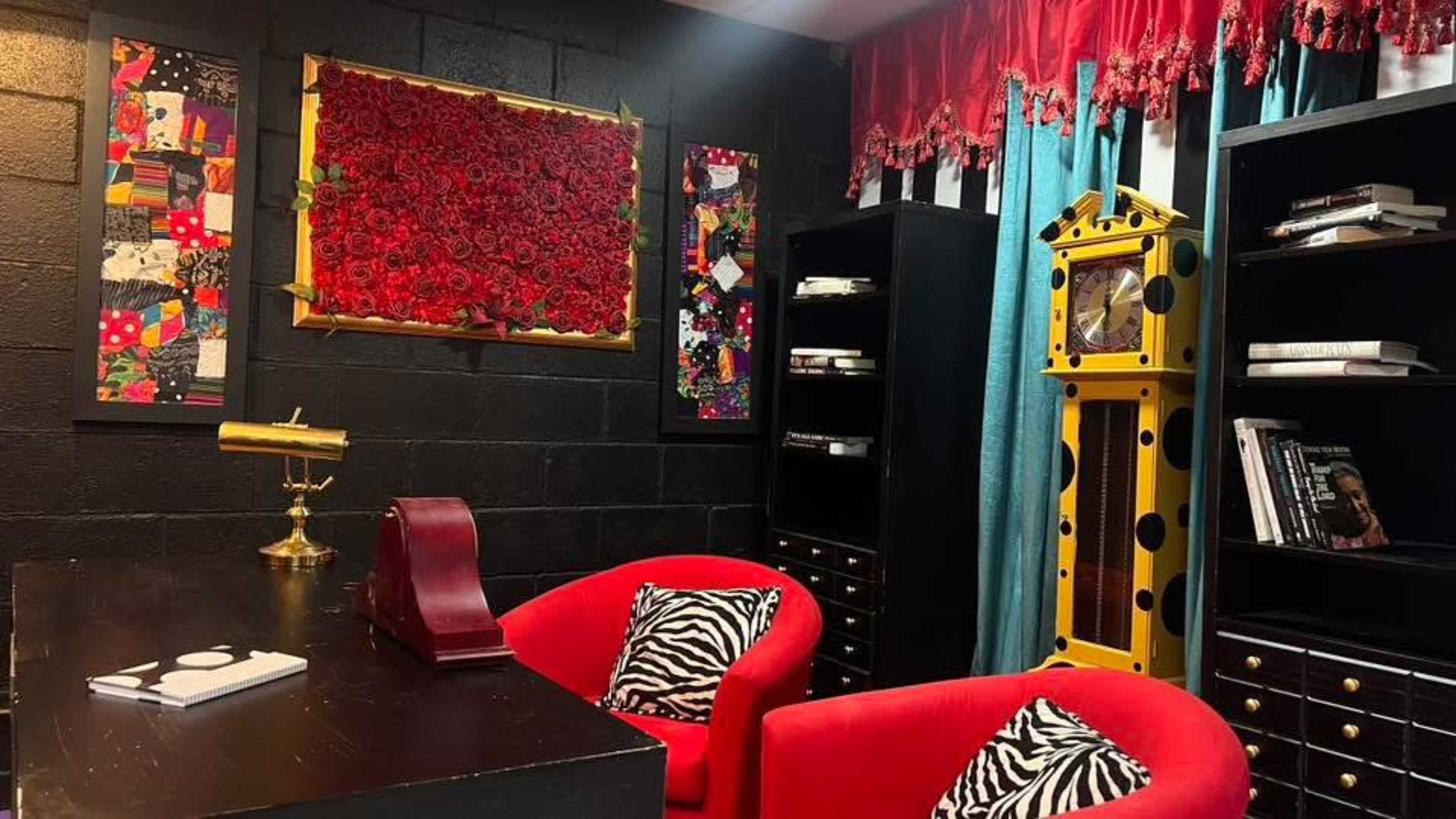 Luxury Vintage Executive Office Set w/ Statement Desk, Red Chairs, Gold Accents & Bold Decor Image in Highland Hills, Mesquite, TX