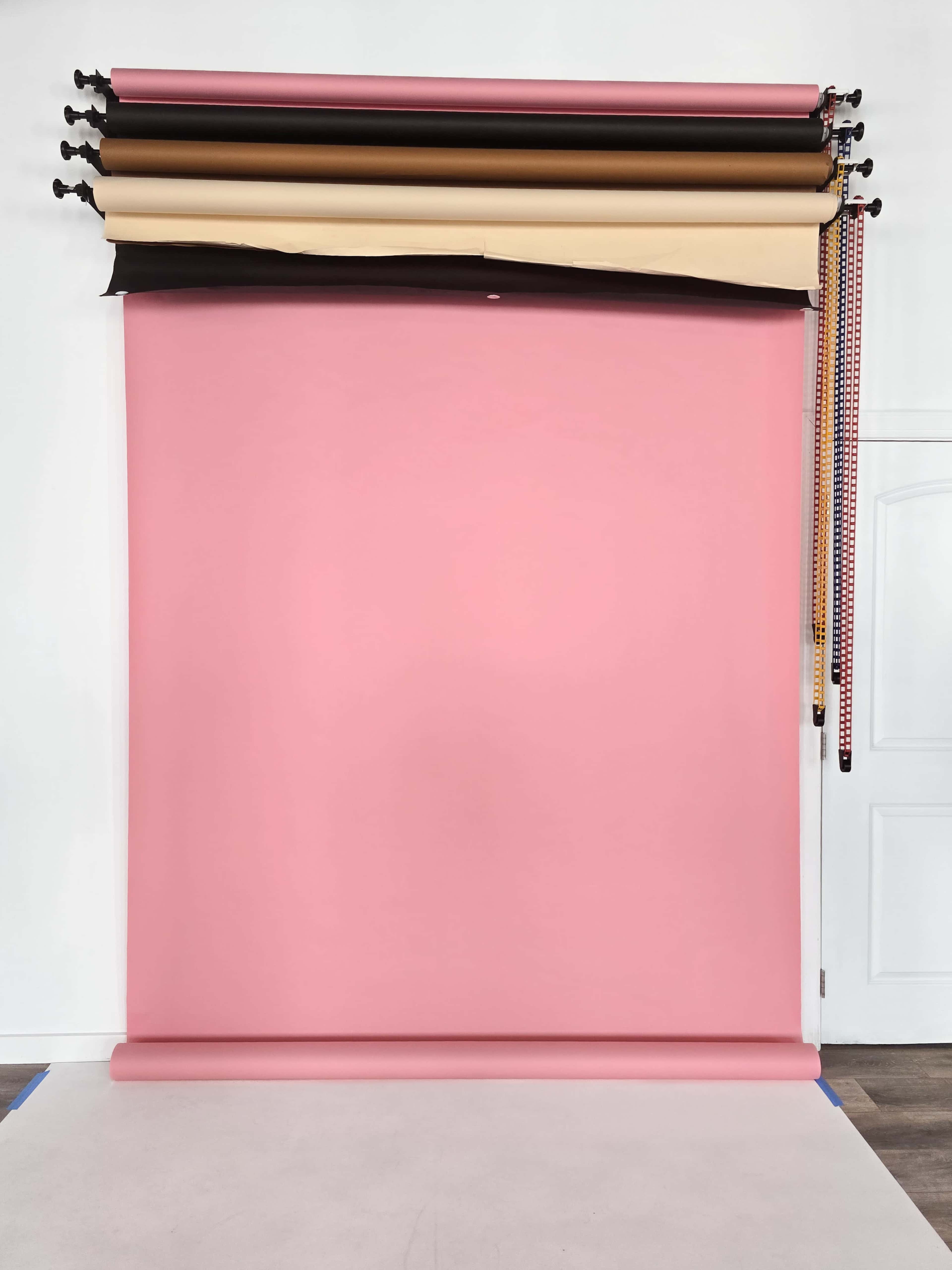 The image shows a photography backdrop setup with a pink background and several rolls of colored paper positioned at the top.