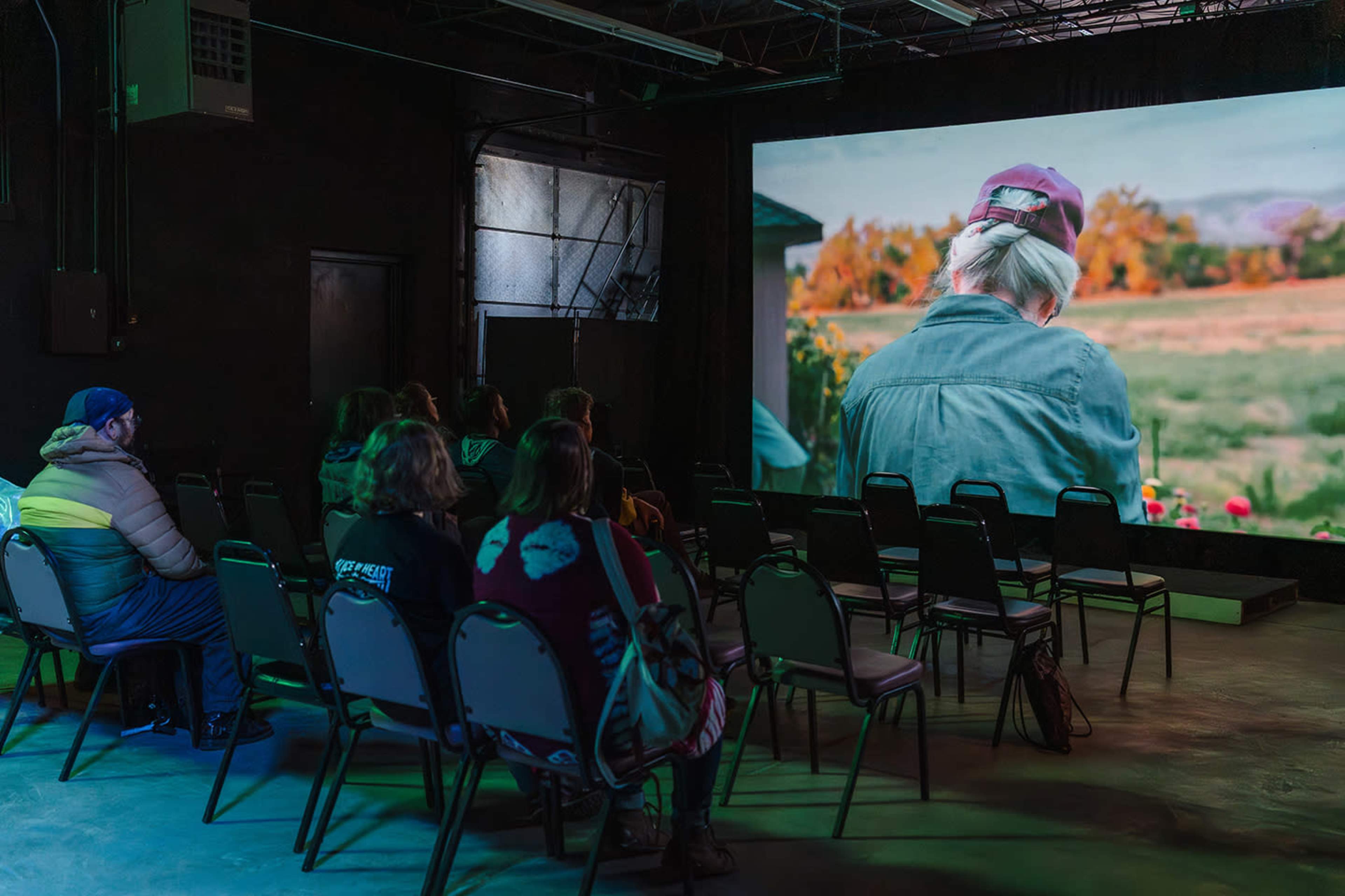 A group of people sits in a dimly lit room facing a large screen displaying a colorful outdoor scene.