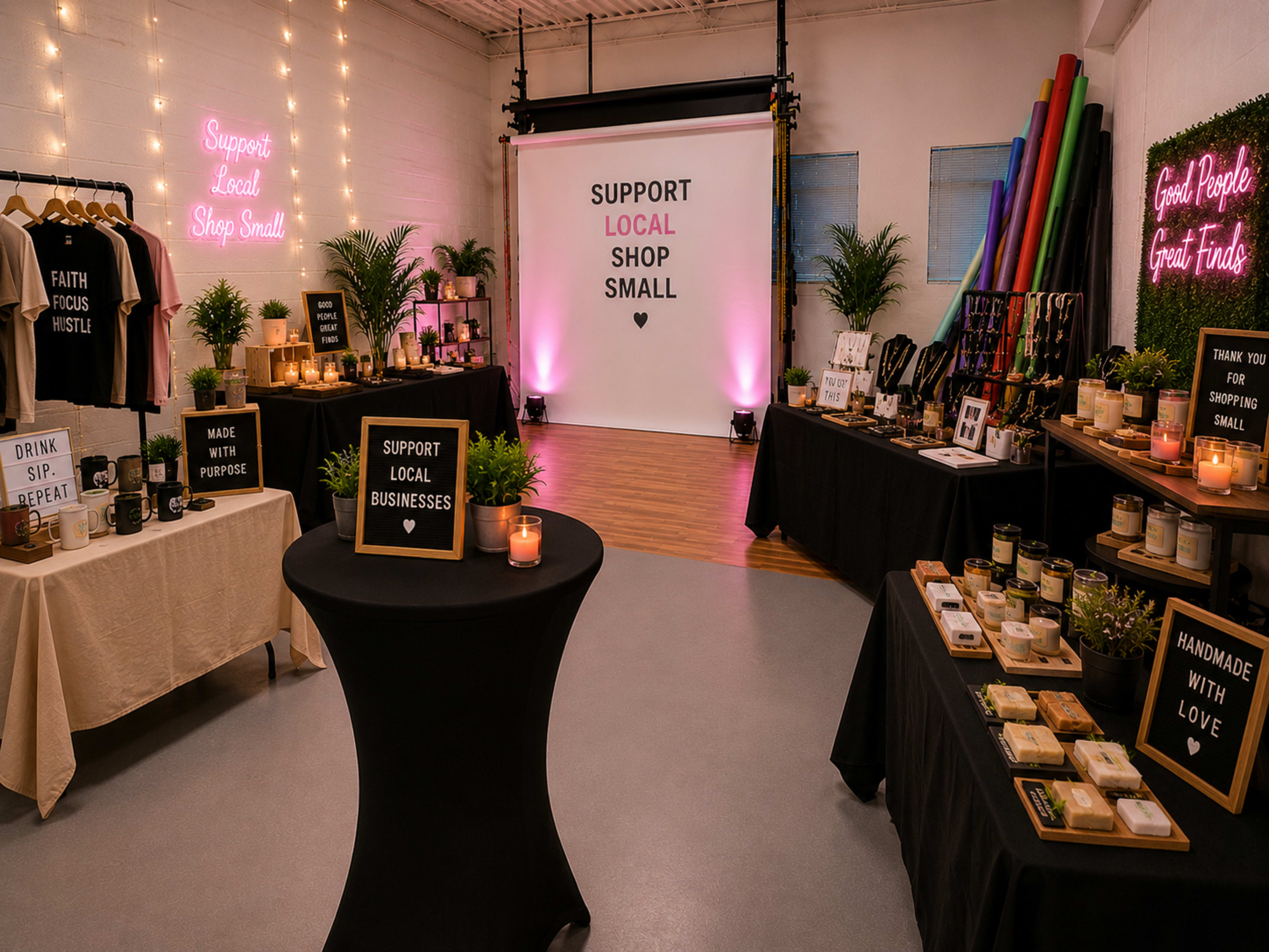 The scene features a well-decorated indoor space with tables displaying various products and candles, surrounded by signage promoting local businesses and a message to "Support Local Shop Small."