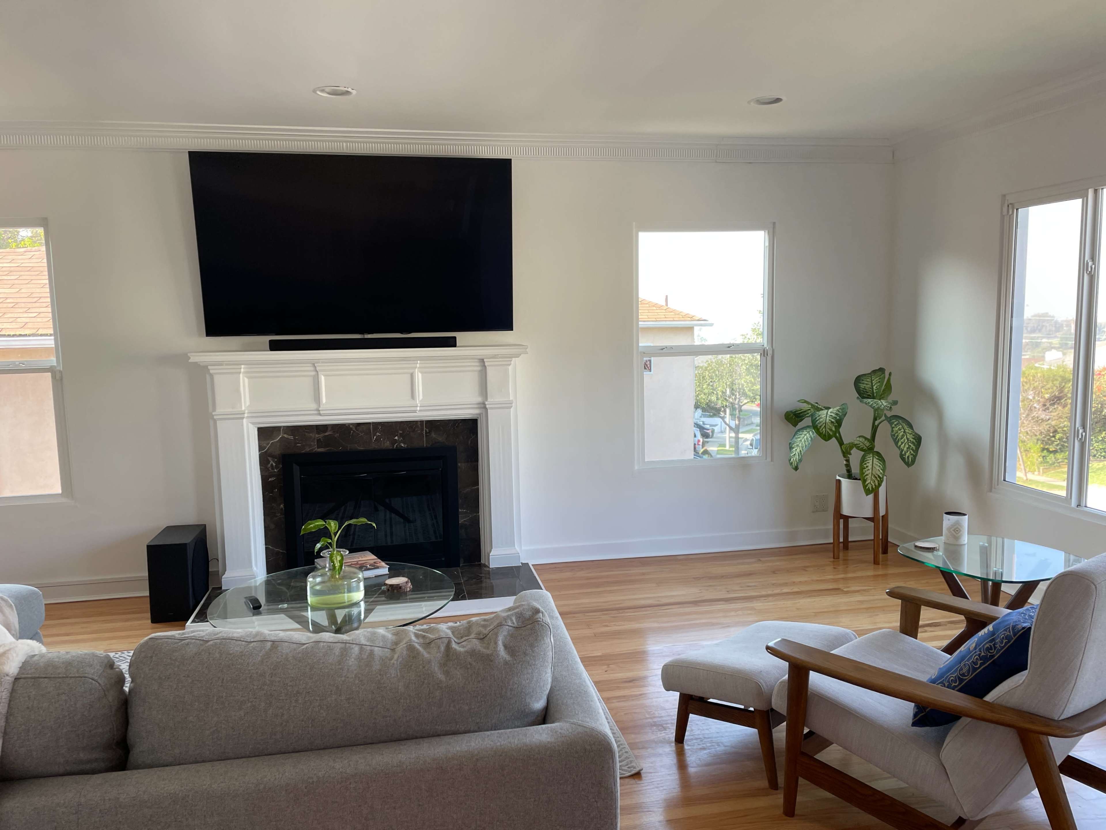 The image shows a modern living room featuring a large television mounted above a fireplace, two windows, and a plant beside a glass coffee table.