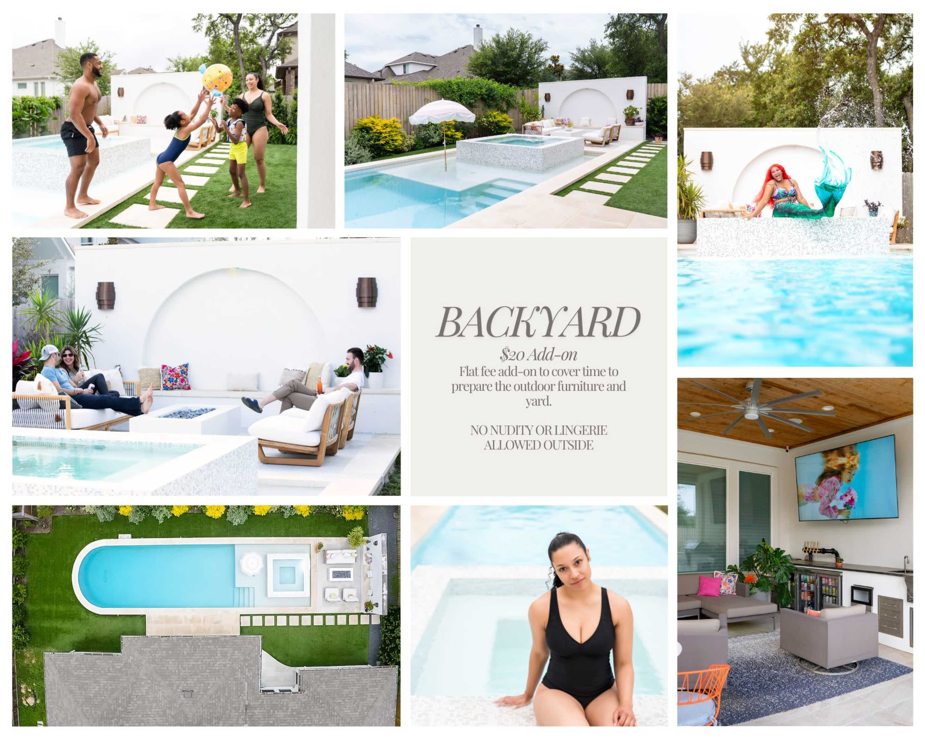 The image showcases a serene backyard space featuring a pool, lounge chairs, and various seating areas, complemented by greenery and outdoor decor.