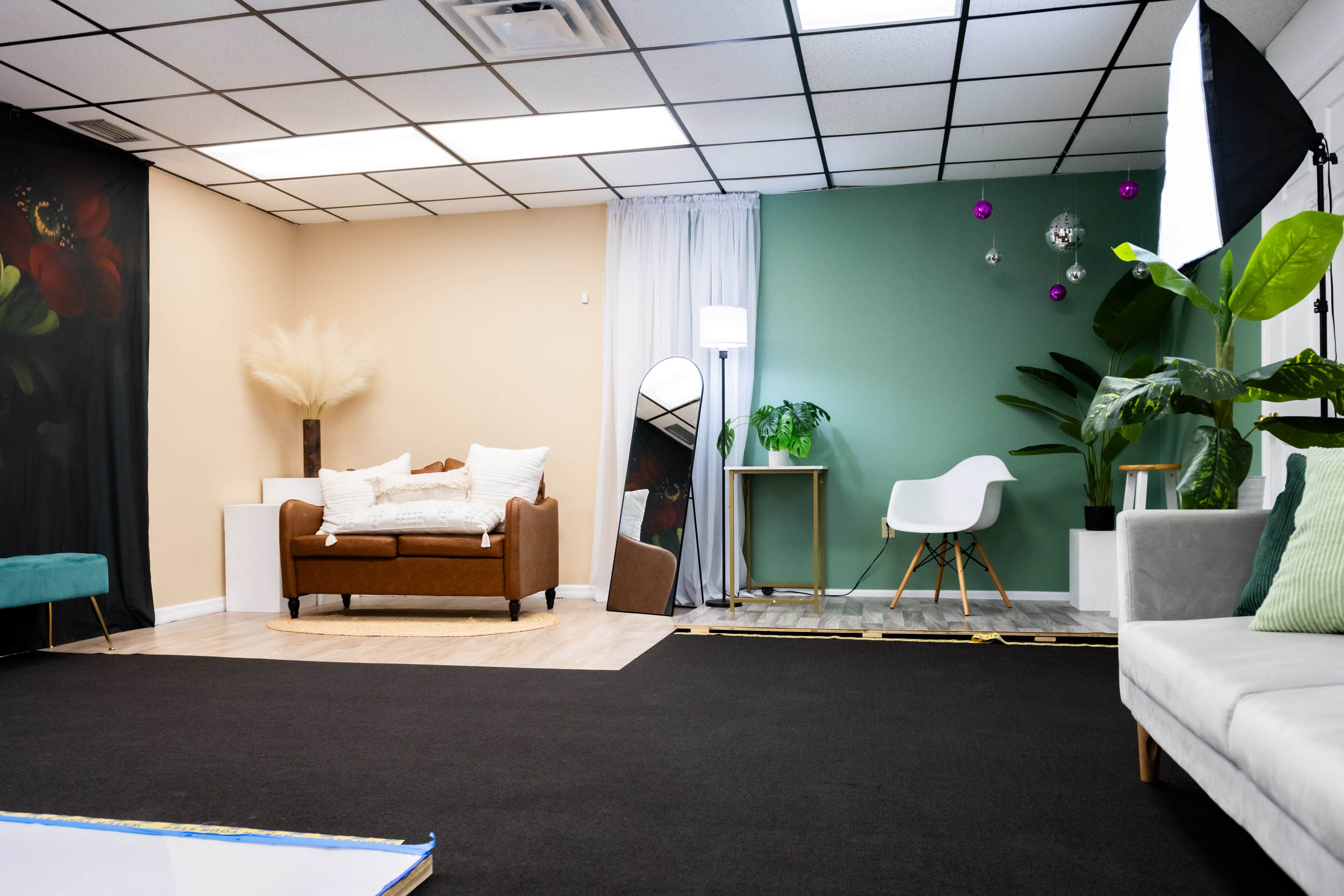 The image shows a spacious studio or room with two sofas, decorative plants, and a large mirror, featuring a split-colored wall with one side painted beige and the other green.
