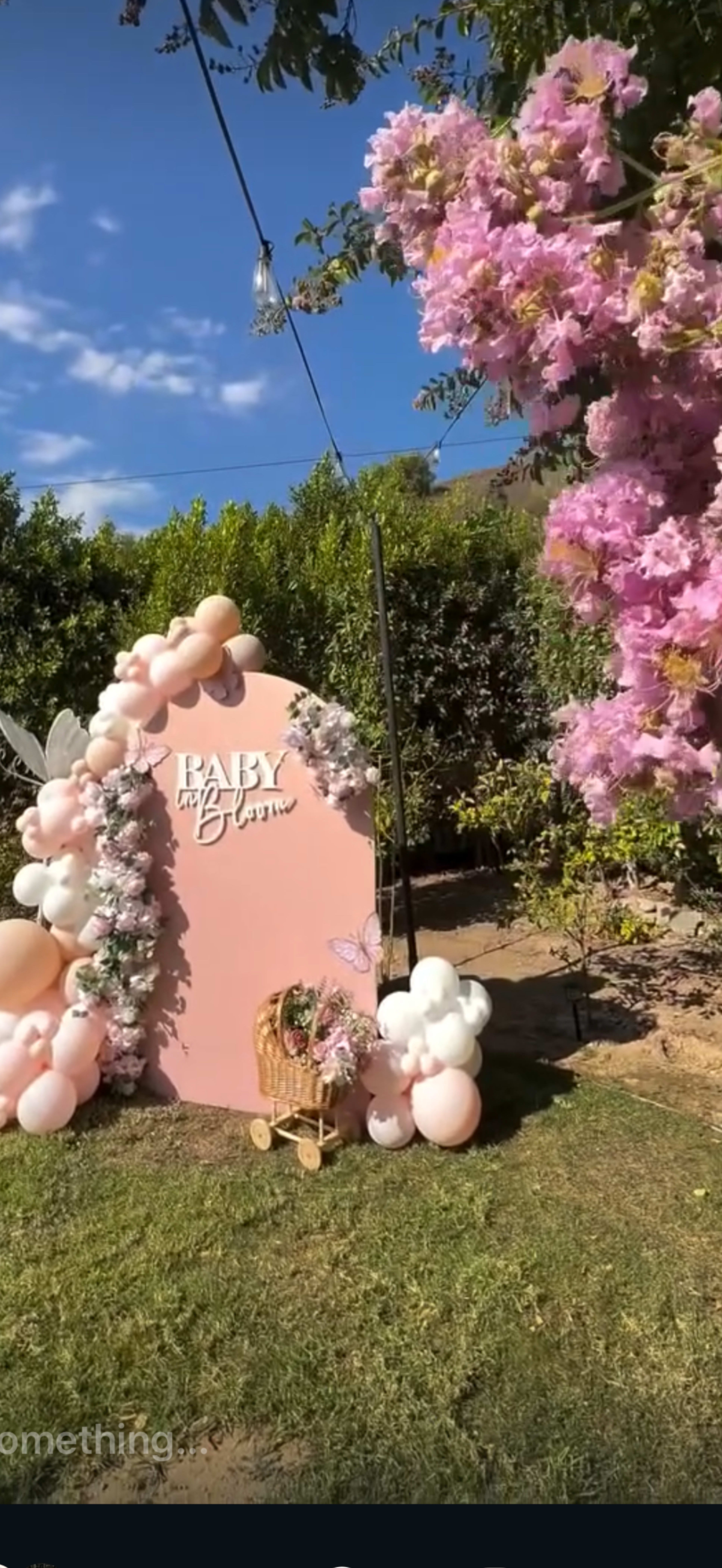 The image features a decorative setup for a baby shower, including a pink backdrop with the words "Baby in Bloom," adorned with balloons and surrounded by greenery and flowering trees.