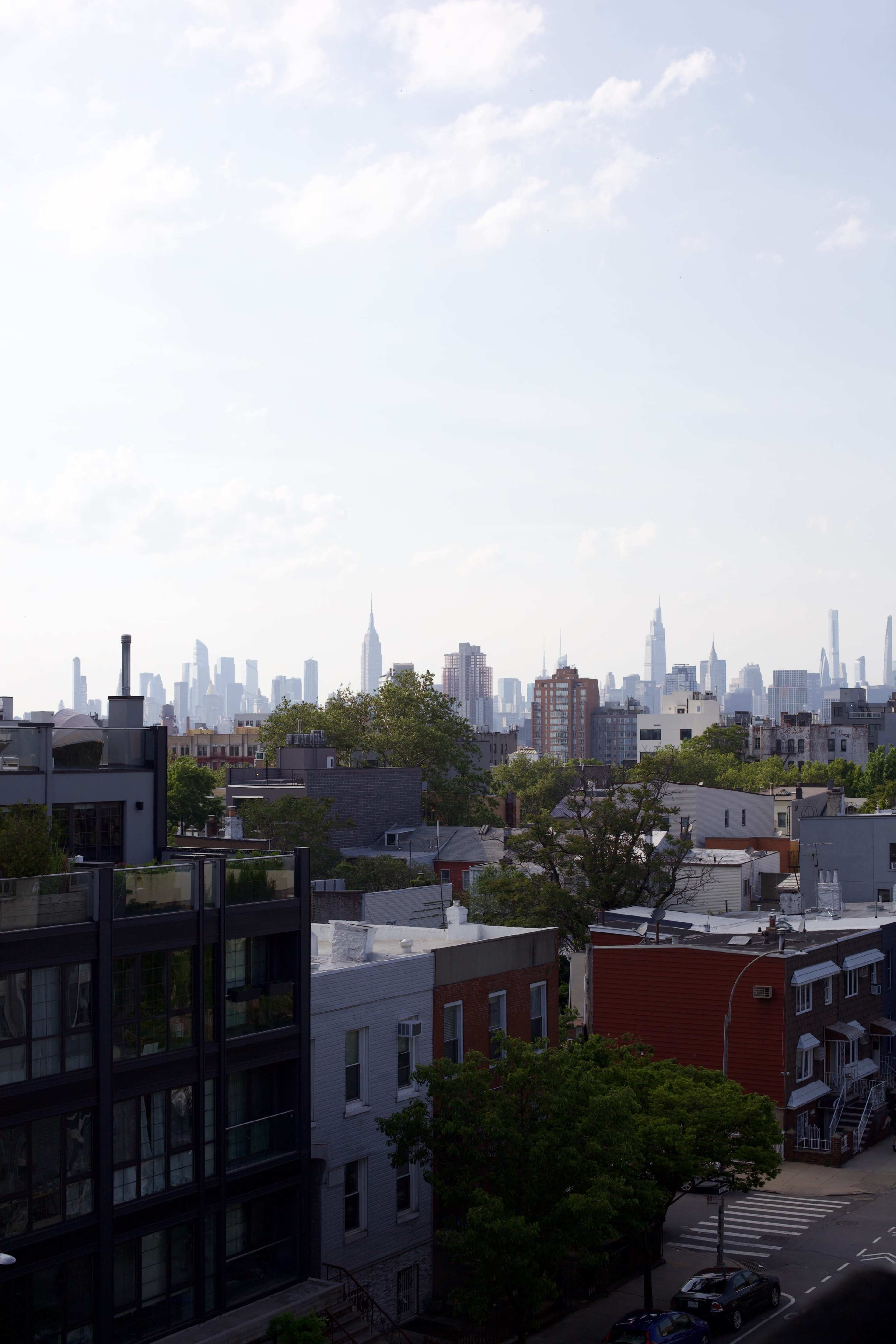 A panoramic view of a skyline featuring the Empire State Building and other skyscrapers, observed from a residential area with low-rise buildings and greenery in the foreground.