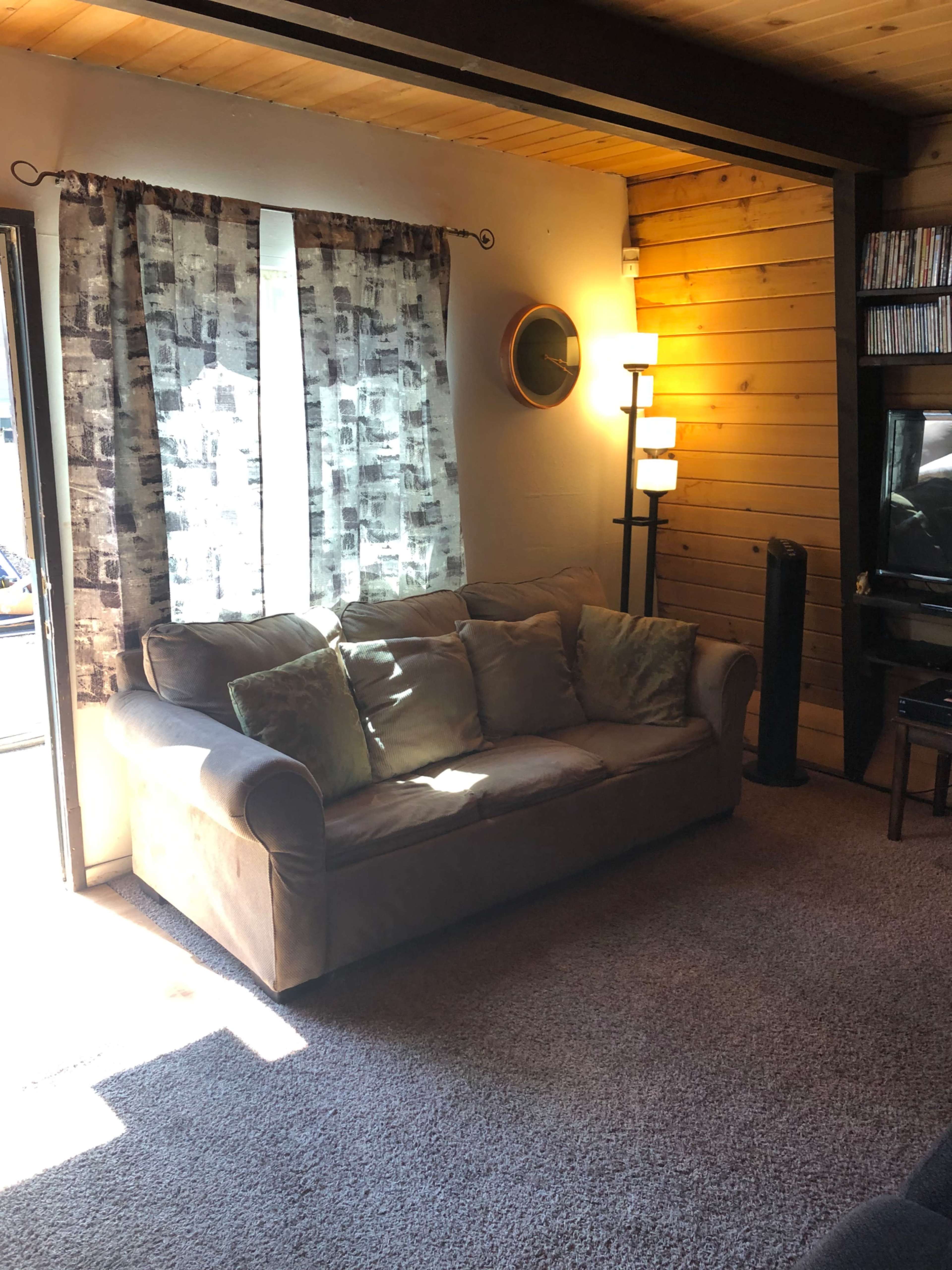 The image shows a living room with a brown couch, two decorative pillows, curtains, a floor lamp, and a television in a wooden-paneled space.