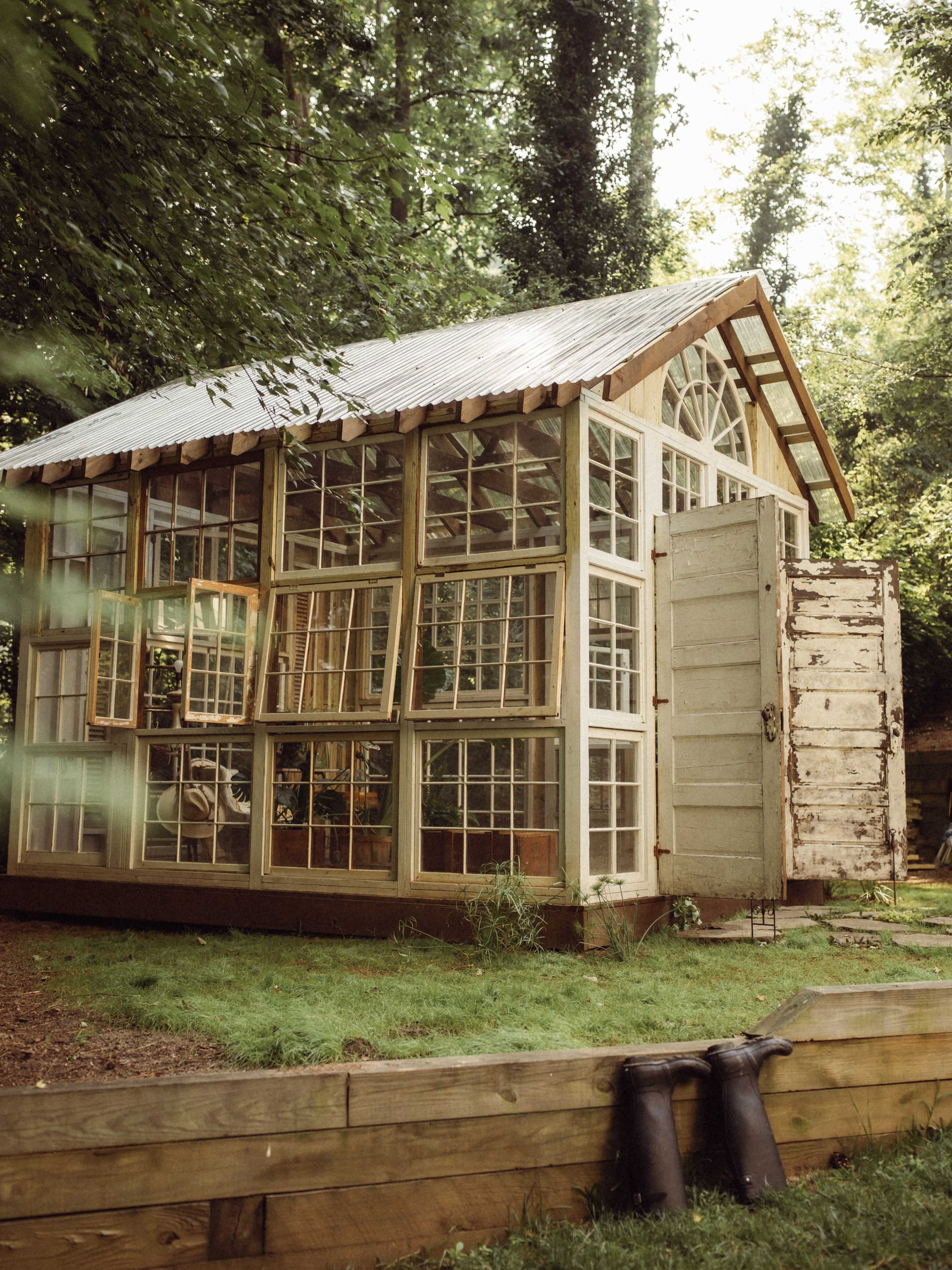 The image shows a large greenhouse made of wooden frames and multiple windows, set in a grassy area surrounded by trees.