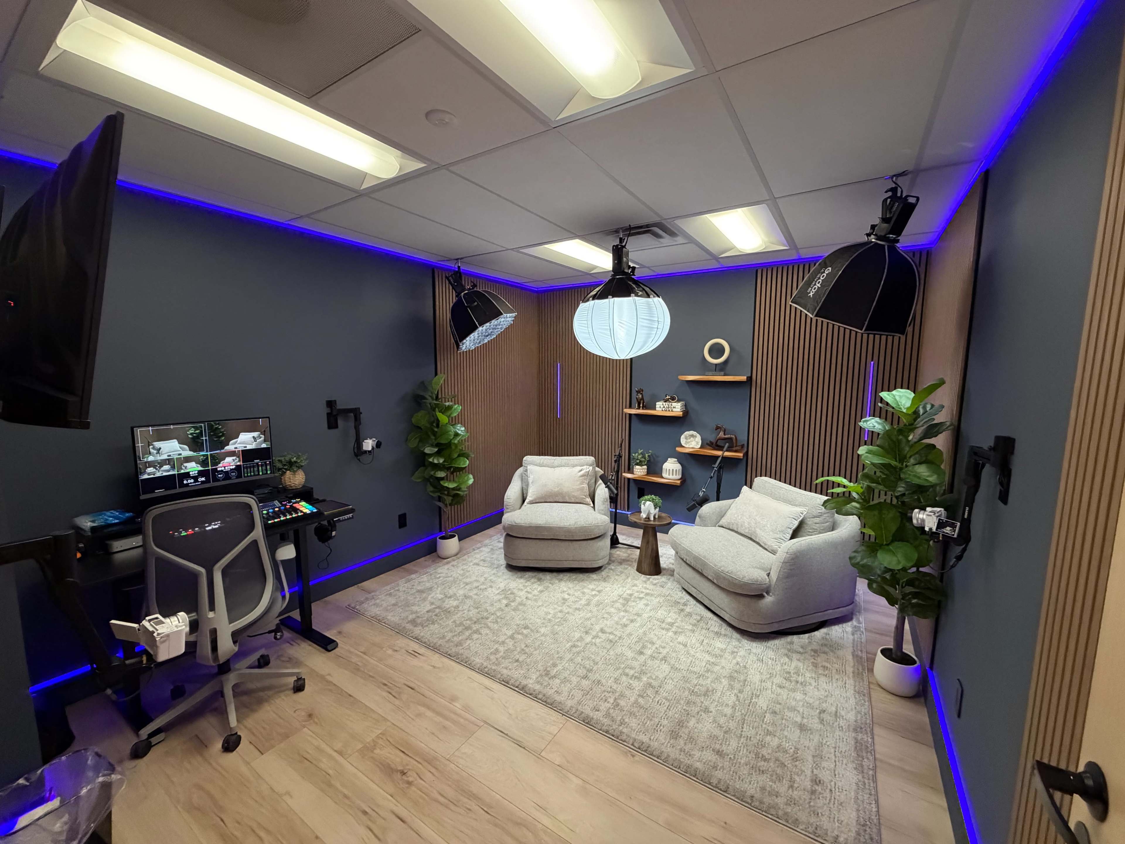 The image shows a modern studio room with two grey chairs, a light rug, plants in the corners, and professional lighting setup along with a desk that has computer equipment.