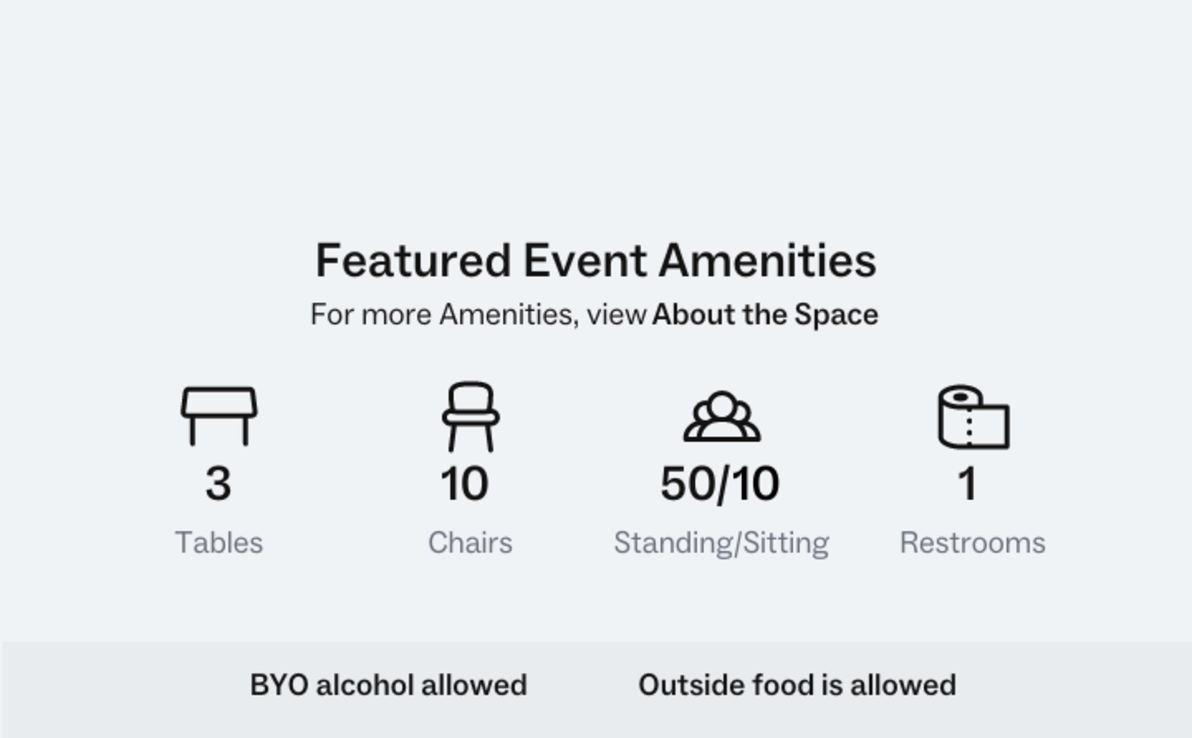 Featured event amenities, including 3 tables, 10 chairs, space for 50 standing or 10 sitting, and 1 restroom, with allowances for BYO alcohol and outside food.