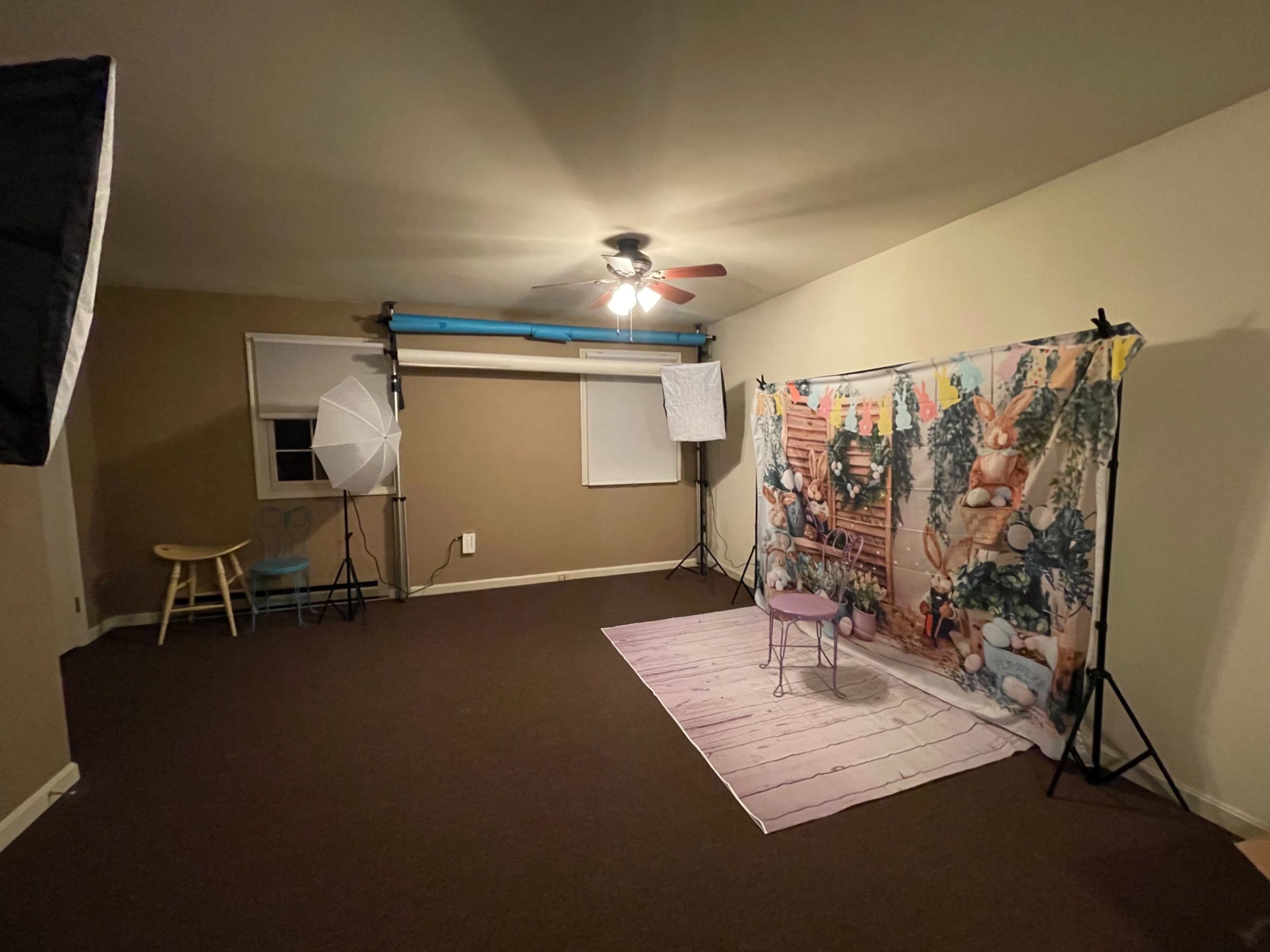 A spacious room with brown walls, a ceiling fan, lighting equipment, and a backdrop featuring a colorful scene, along with a small pink chair on a striped rug.