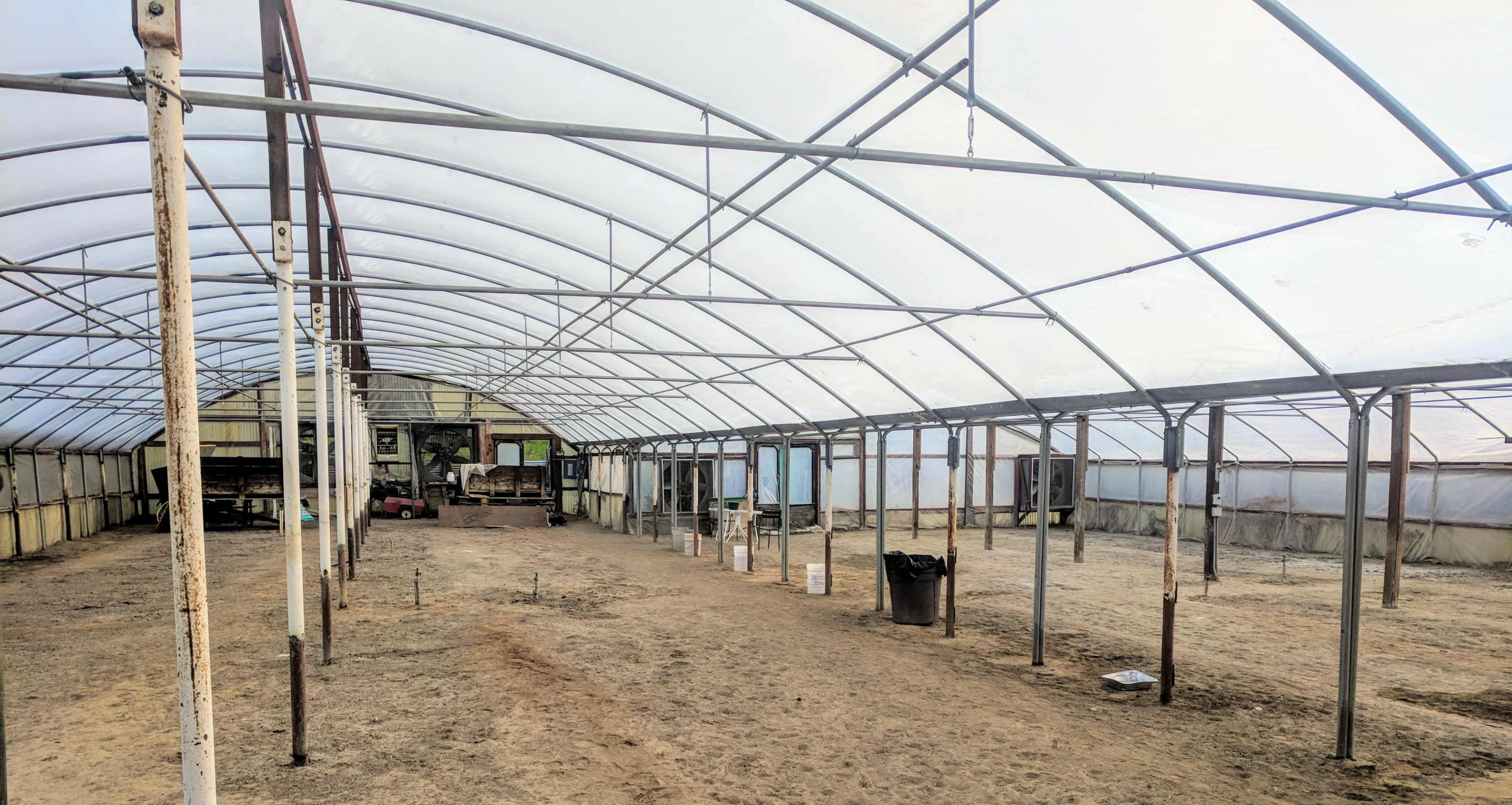 The interior of an empty greenhouse with a dirt floor and metal framework.