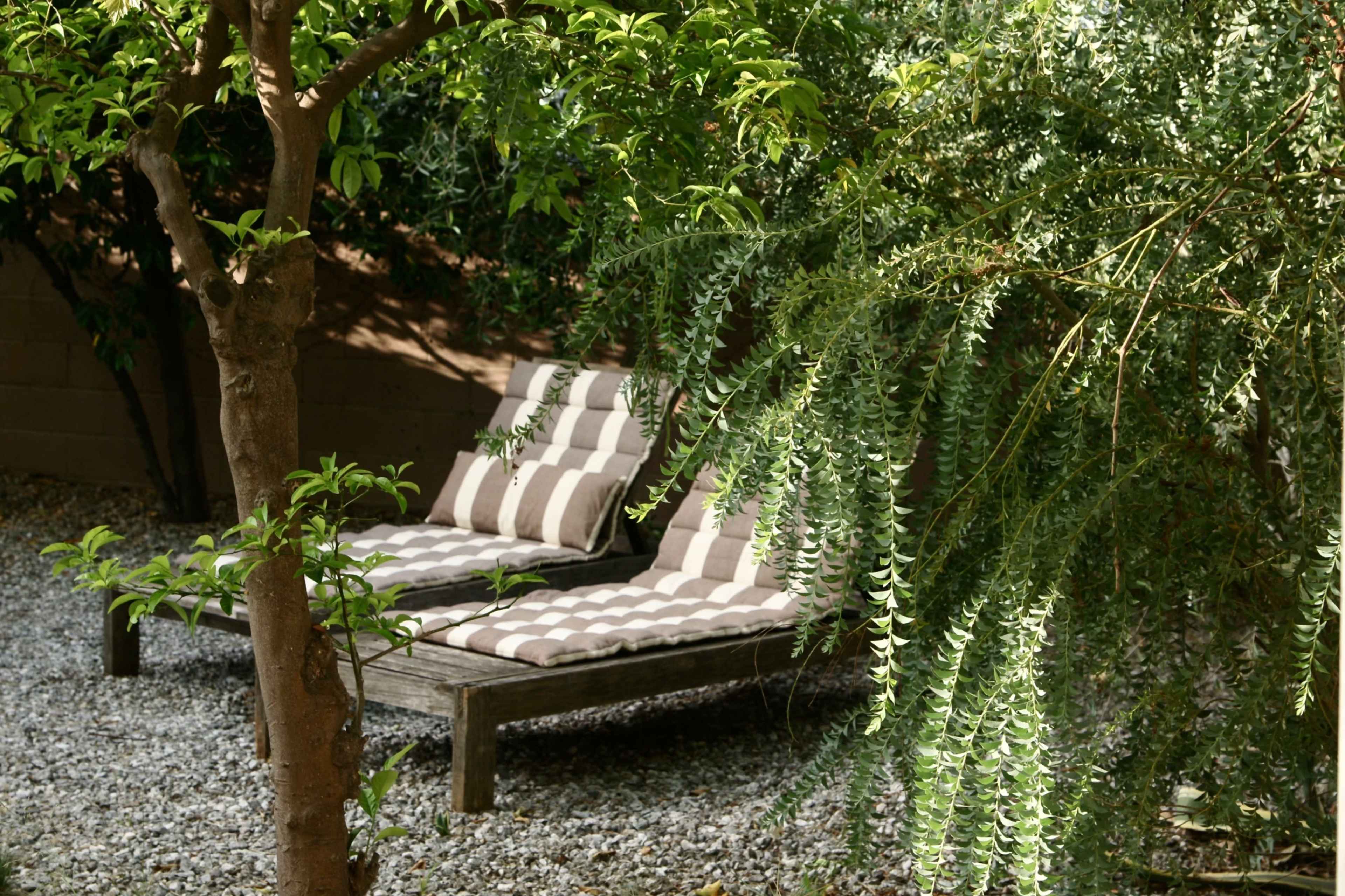 A pair of lounge chairs with striped cushions are positioned beneath leafy trees in a gravel garden.