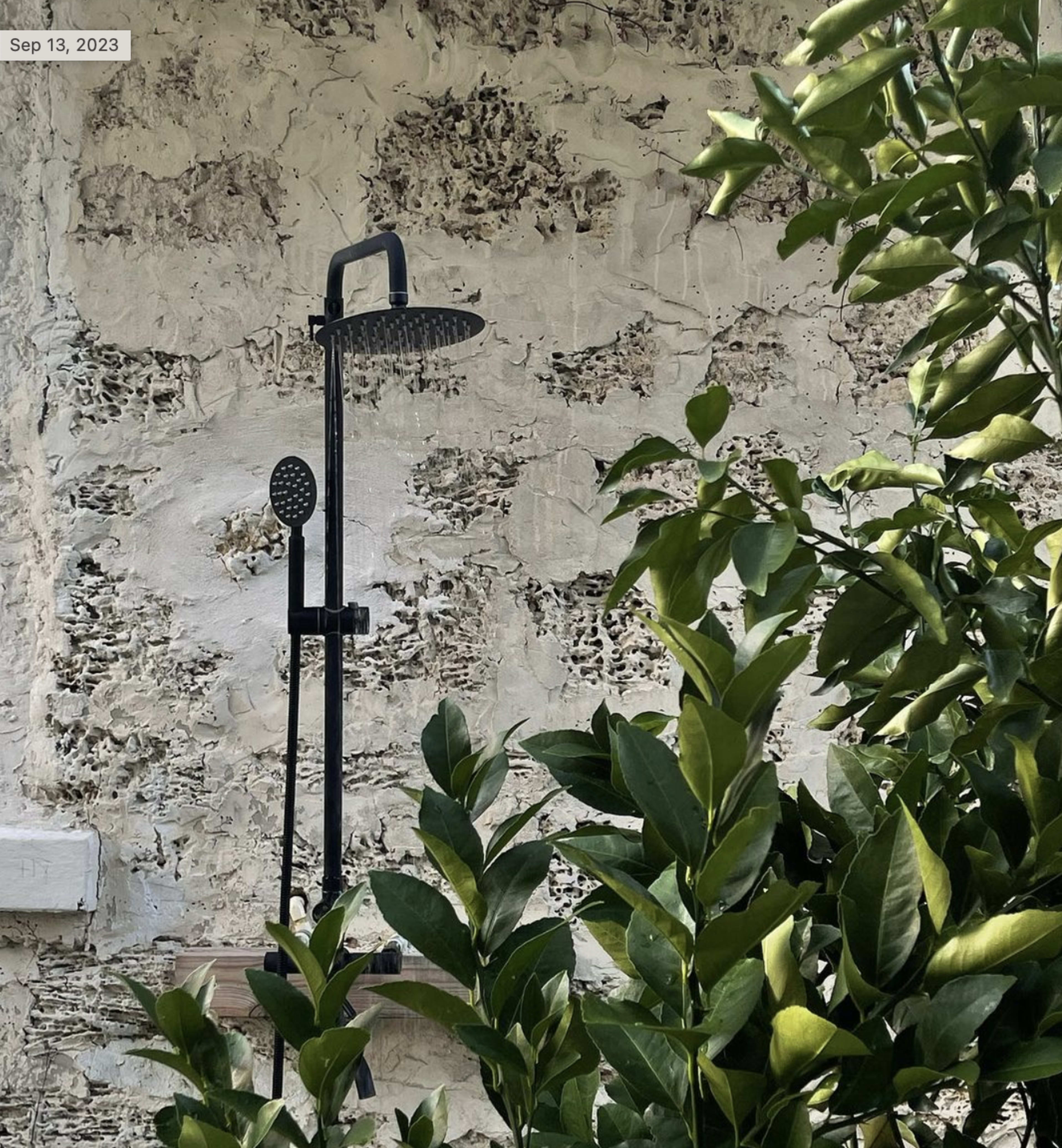 A black outdoor shower is partially obscured by lush green foliage against a textured, weathered wall.