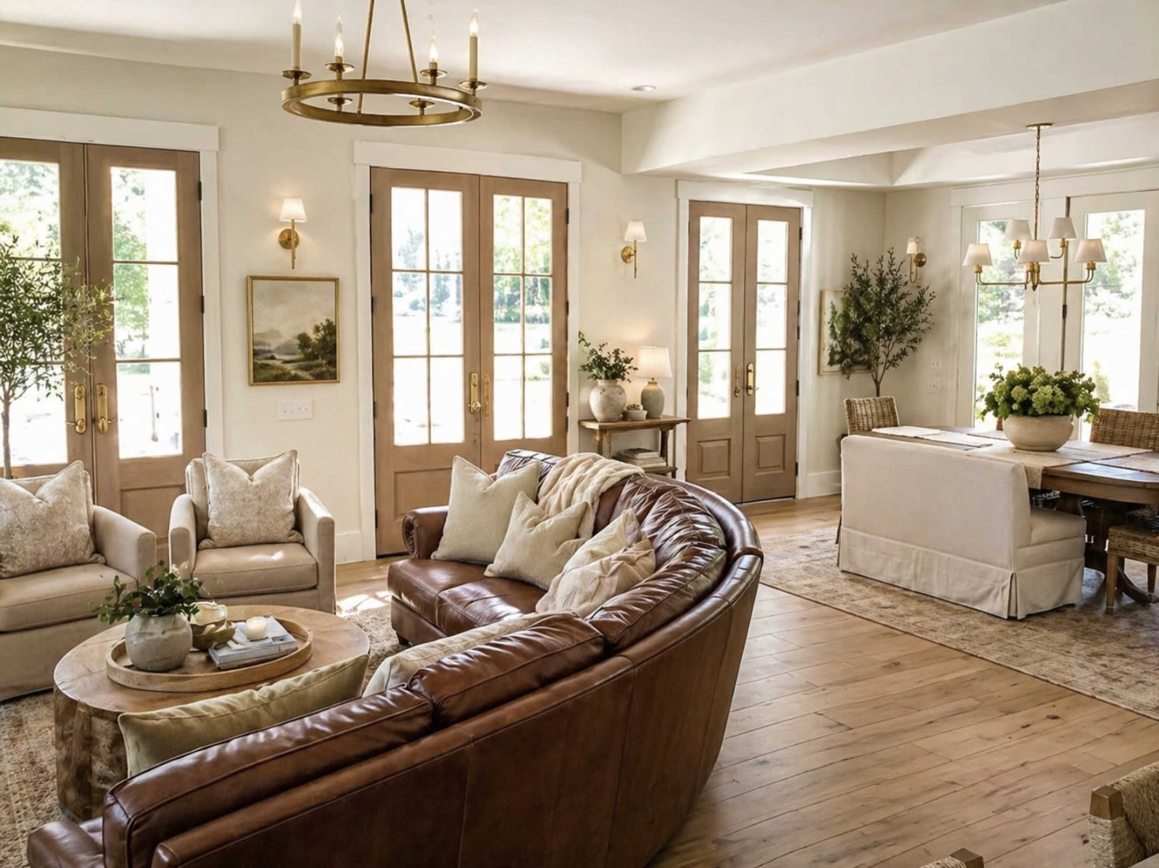 The image shows a cozy living room with a curved leather sofa, light-colored walls, large windows, and a dining area featuring a wooden table.