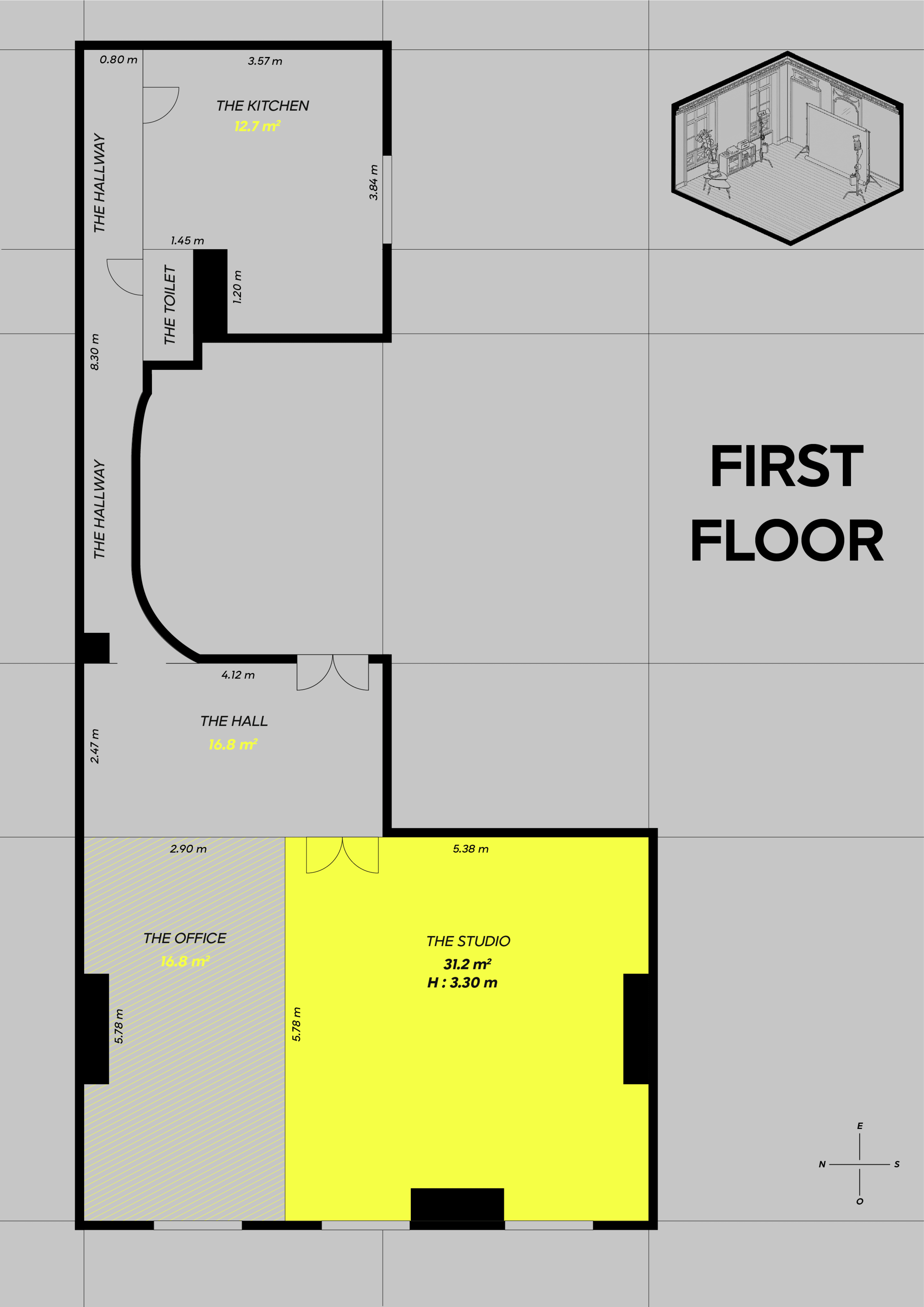 The floor plan depicts a first-floor layout featuring rooms labeled "The Kitchen," "The Hall," "The Office," and "The Studio," with dimensions provided for each space.