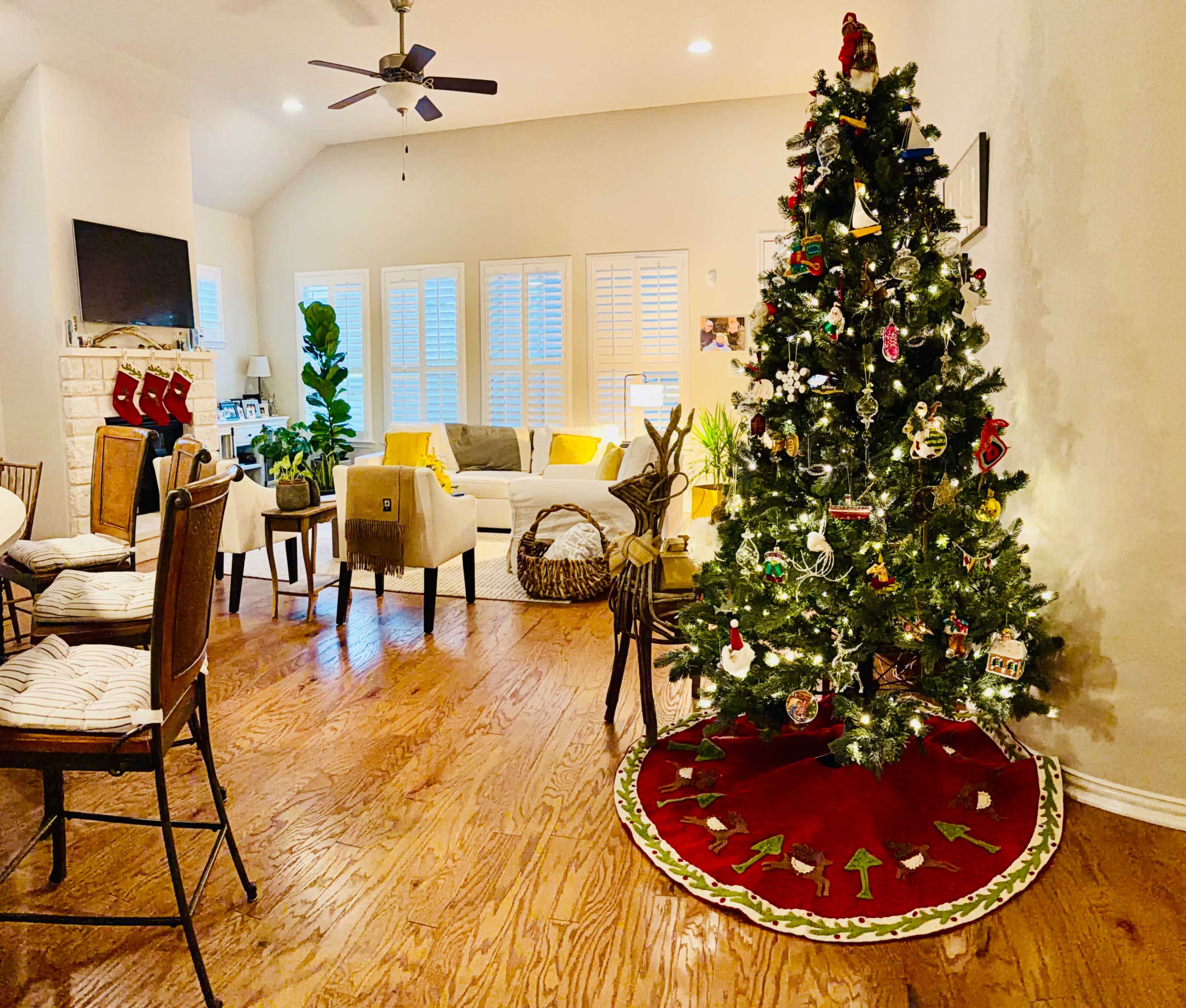 A decorated Christmas tree stands on a red tree skirt in a cozy living room with a sofa and chairs, and stockings hanging on the wall.